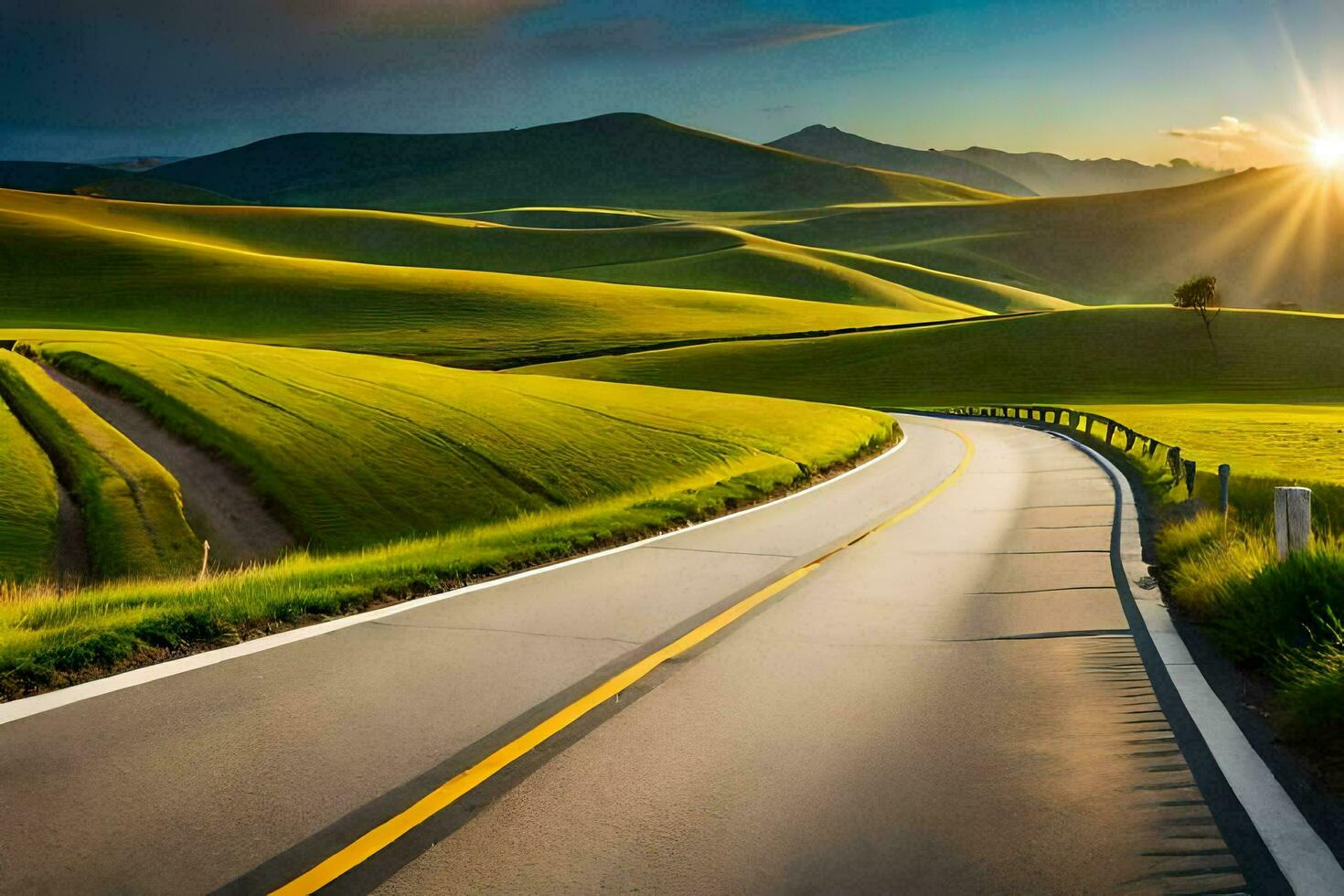 a road in the middle of a green field with the sun shining. AI-Generated photo
