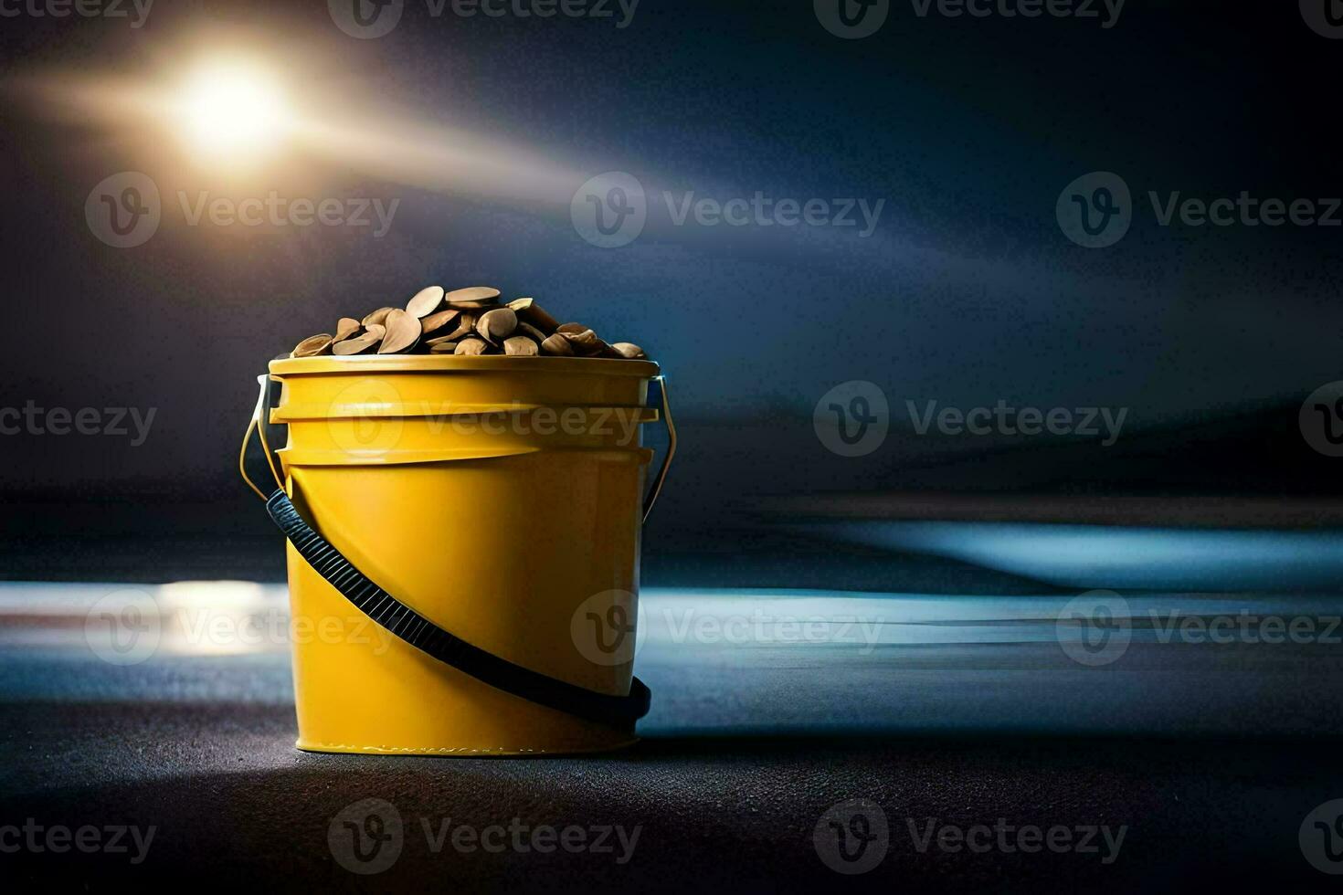 a bucket of coins on the beach at night. AI-Generated photo