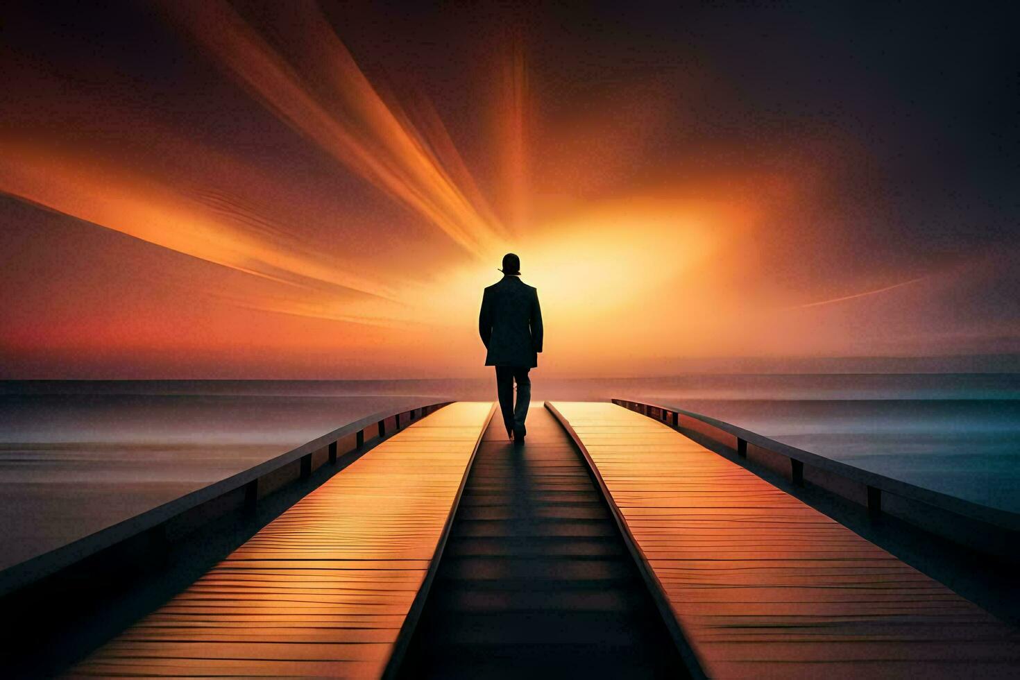 a man standing on a pier at sunset. AI-Generated photo