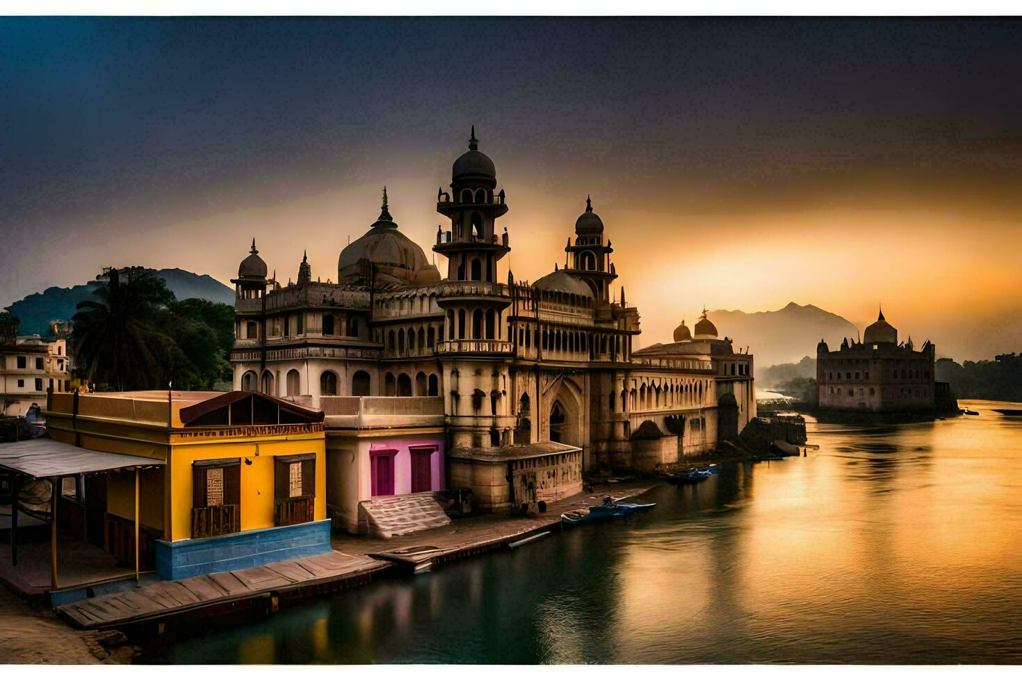 el hermosa palacio de udaipur a puesta de sol. generado por ai foto