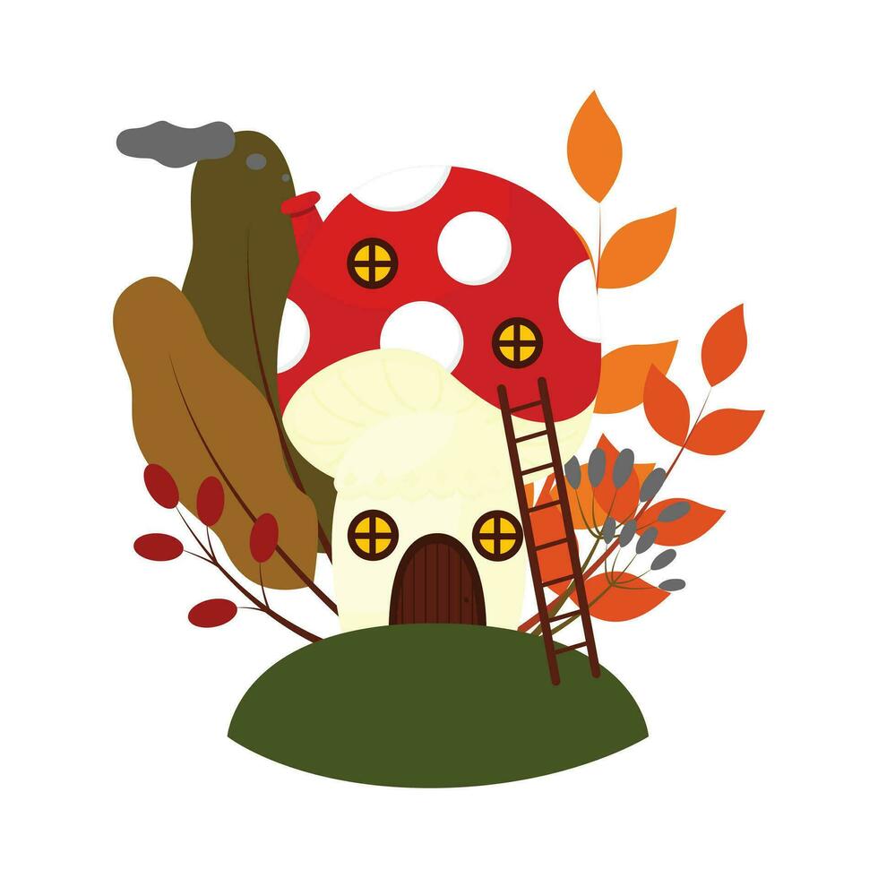Fairytale mushroom house. Cartoon house fly agaric. Fantasy house of  forest gnome or elf. Children's autumn design. Vector illustration isolated on white background