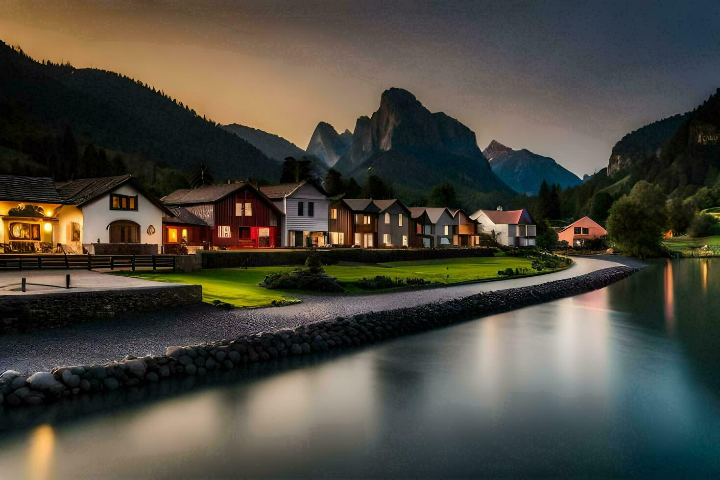 un hermosa puesta de sol terminado un lago y casas generado por ai foto