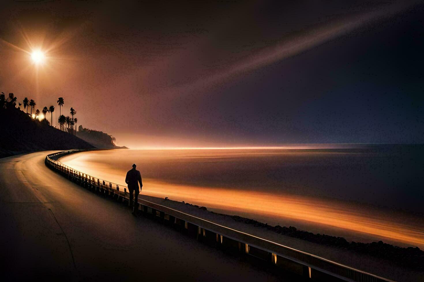 a man walks along the road at night with the sun shining. AI-Generated photo