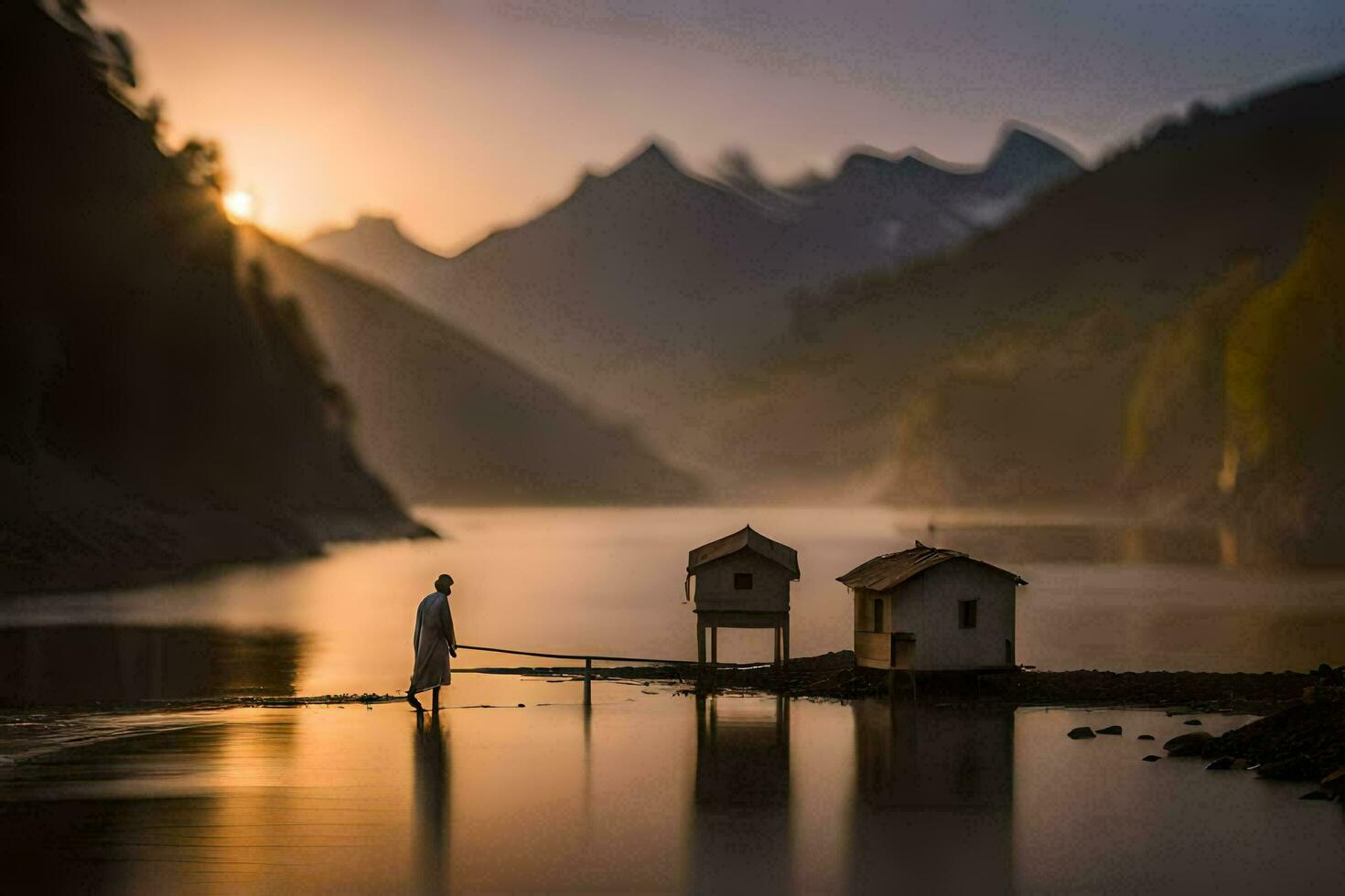 a man is walking across a lake with a small house. AI-Generated photo