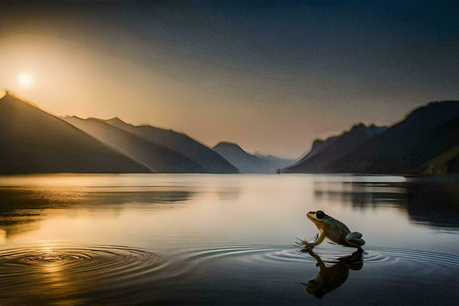 a frog is standing on the edge of a lake at sunset. AI-Generated photo