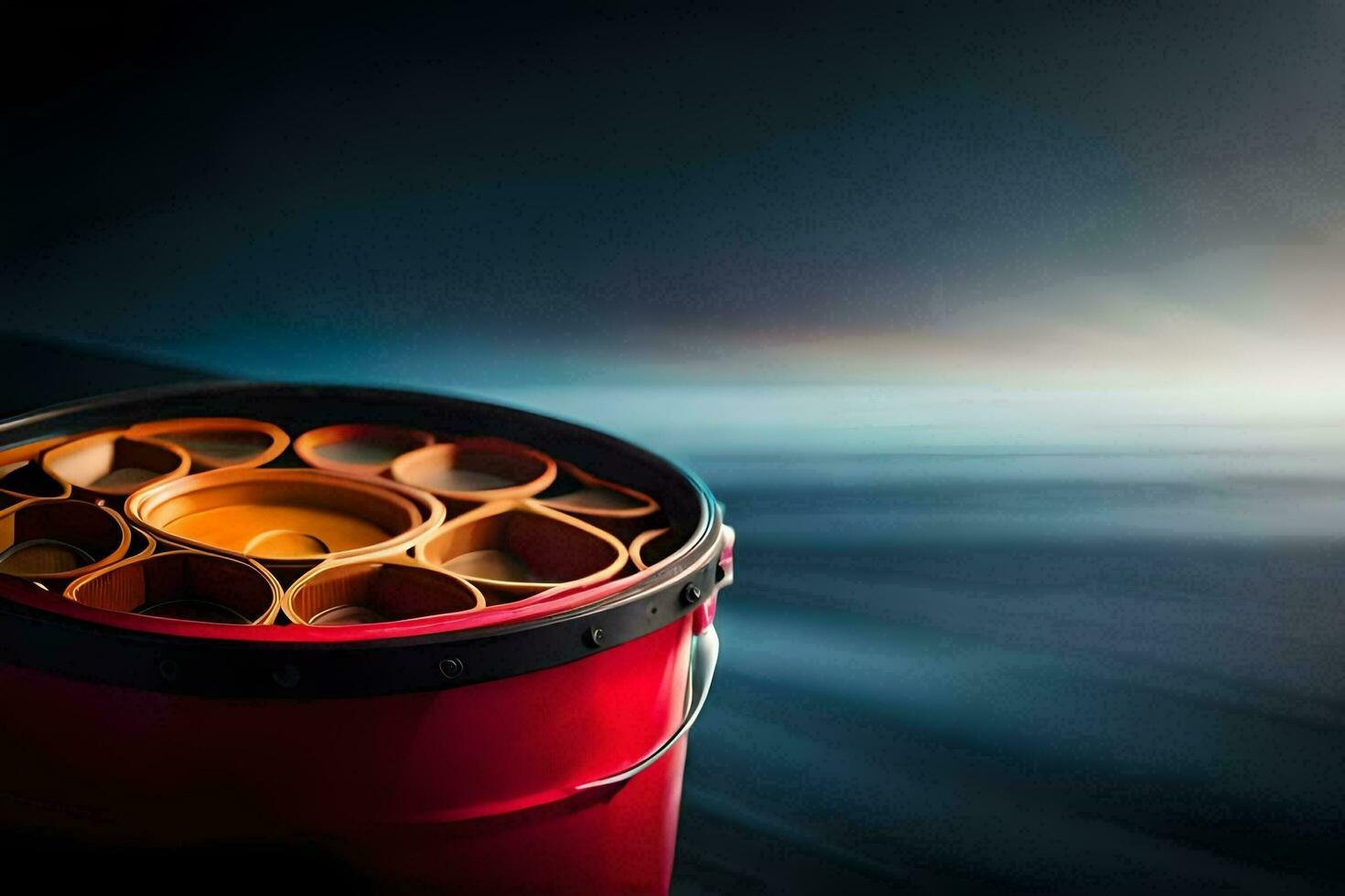 a red bucket with many tubes inside. AI-Generated photo