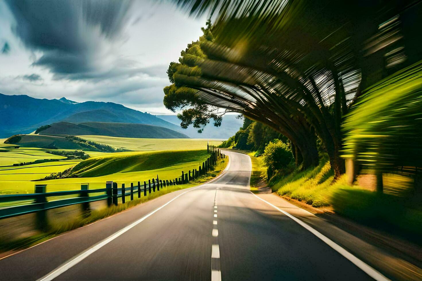 a road with a blurry image of a car driving down it. AI-Generated photo