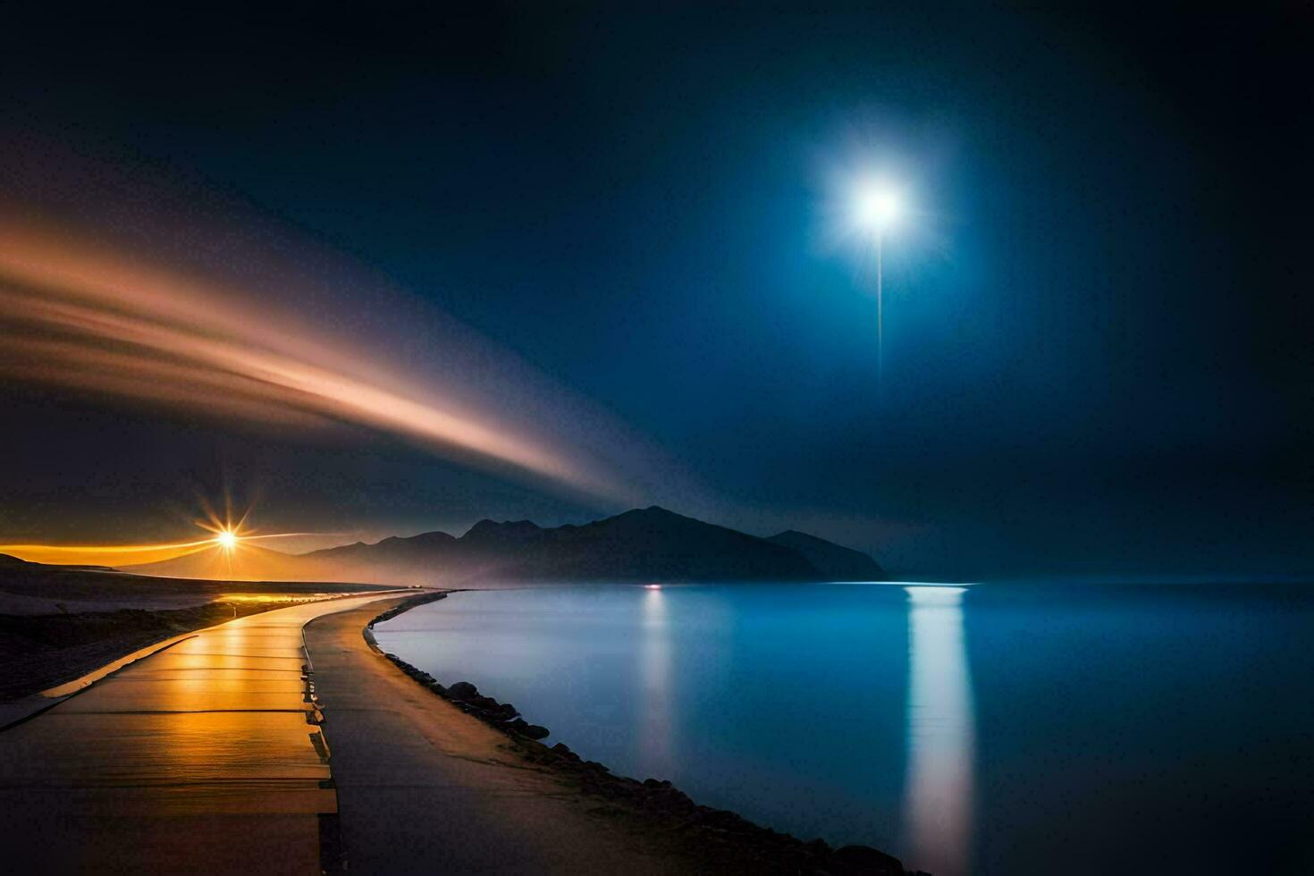 un largo exposición foto de el Luna y el océano. generado por ai