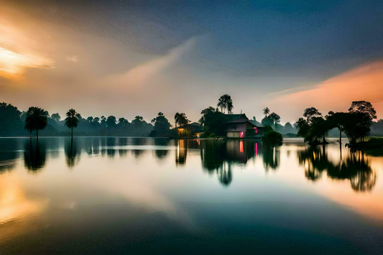 a lake with a house in the middle of it. AI-Generated photo