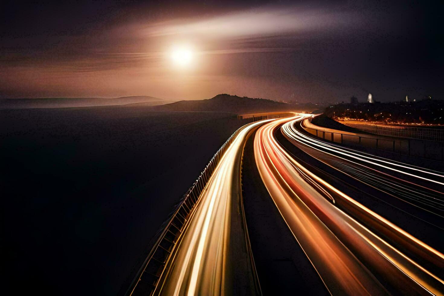 un largo exposición foto de un autopista a noche. generado por ai