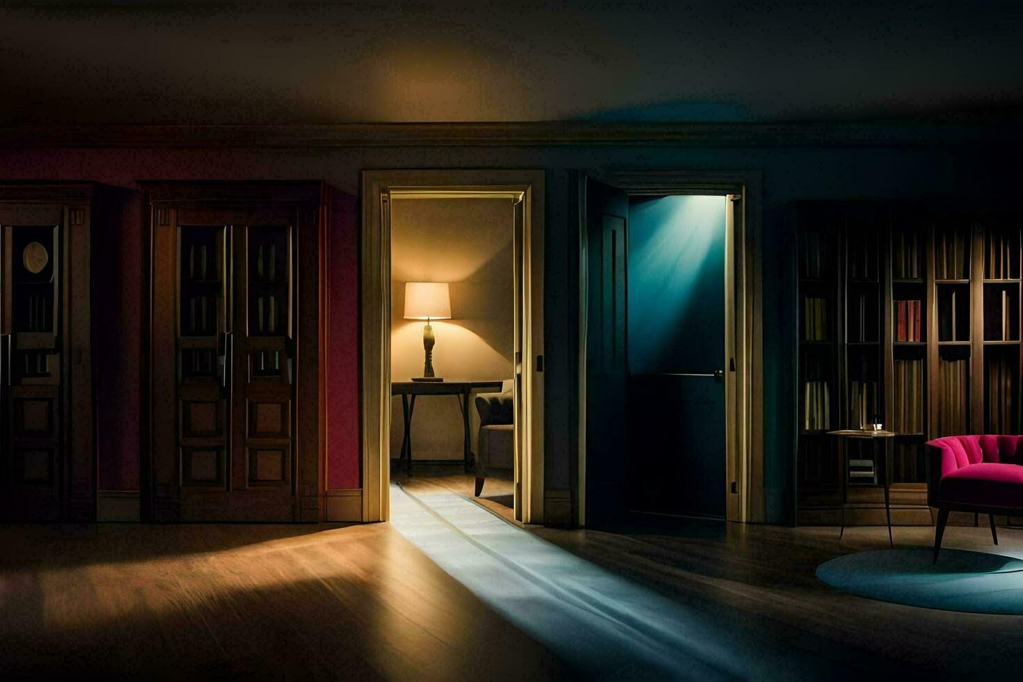 a room with a pink chair and bookshelf. AI-Generated photo