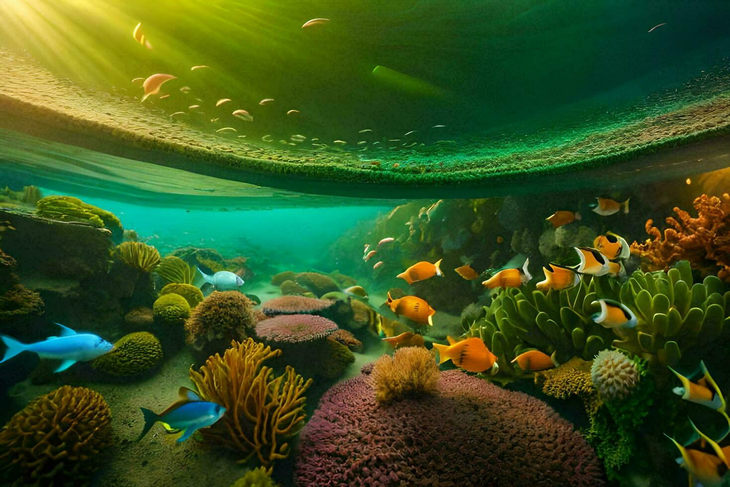 underwater scene with coral reefs and fish. AI-Generated photo