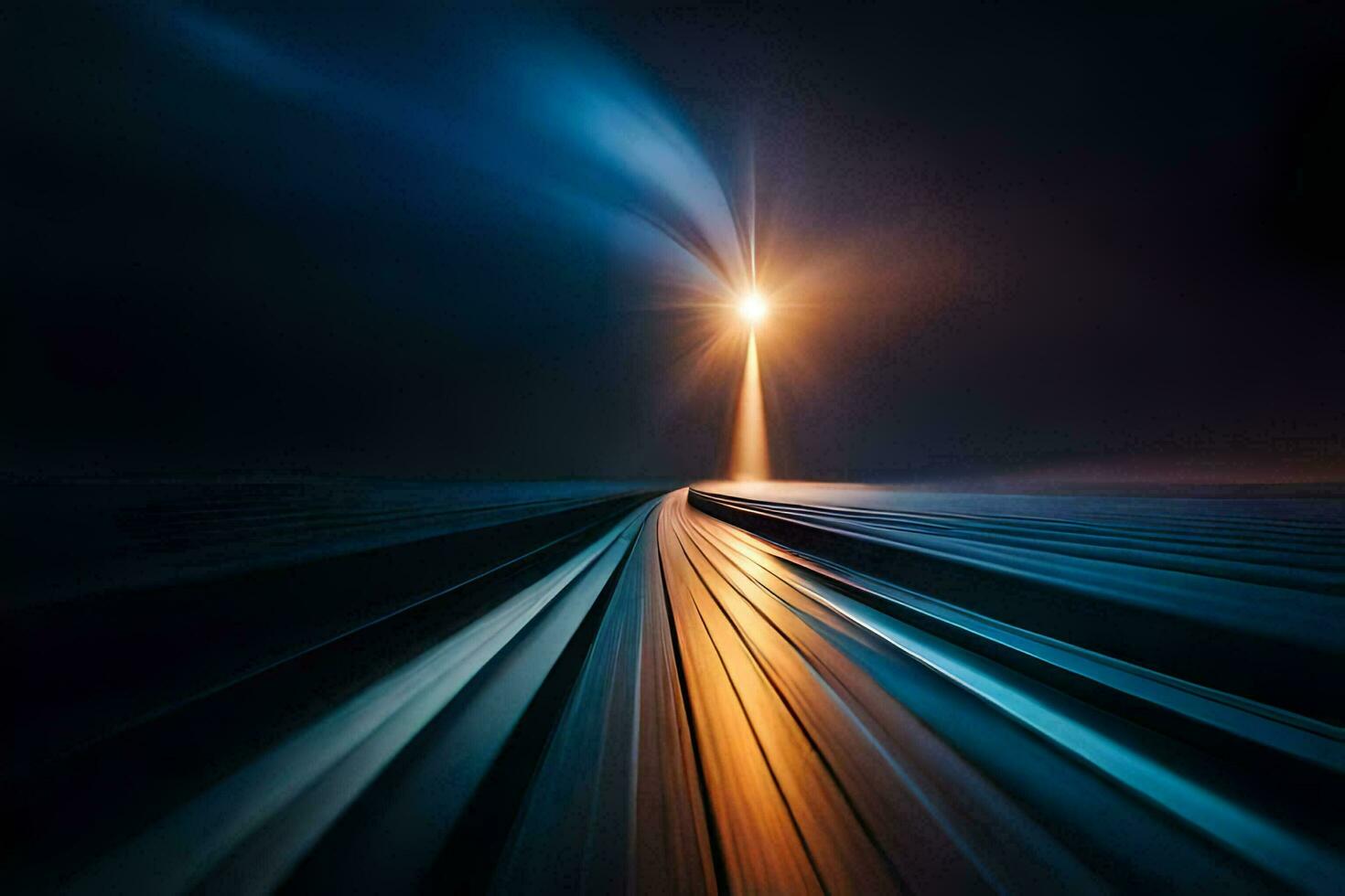 a long exposure photograph of a train going through the night. AI-Generated photo