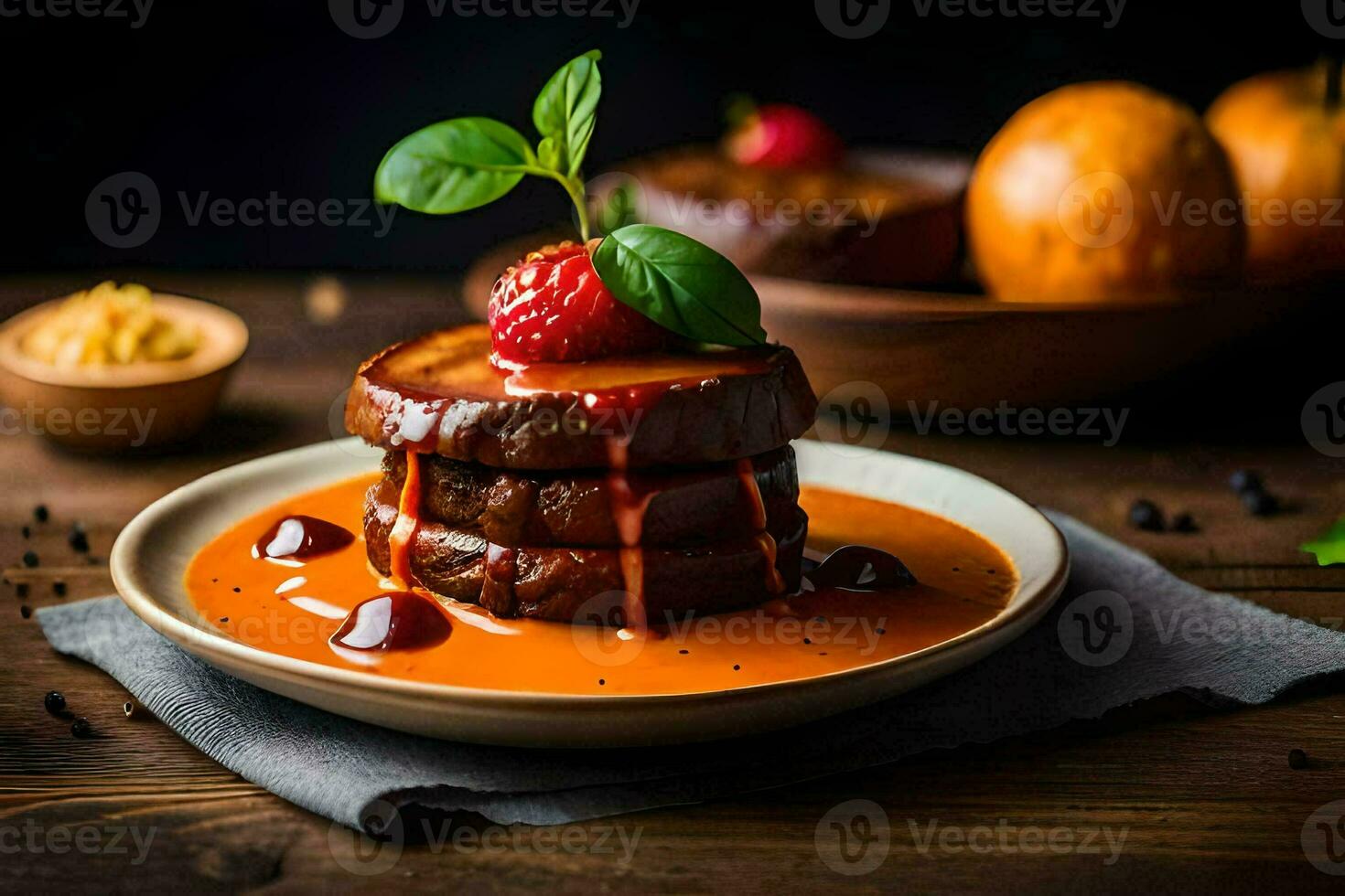 a plate of pancakes with sauce and berries. AI-Generated photo