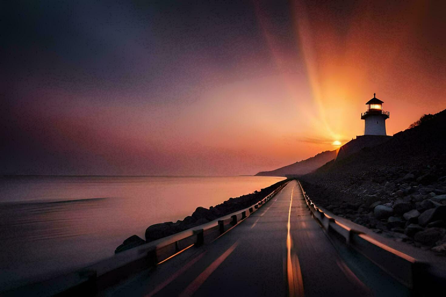 un faro es visto en el distancia a puesta de sol. generado por ai foto