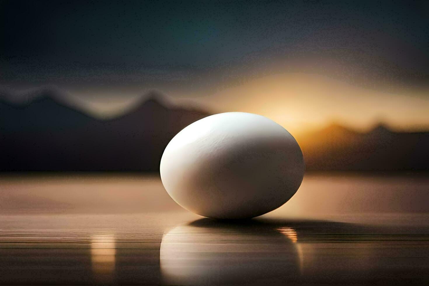 a white egg on a table with a sunset in the background. AI-Generated photo