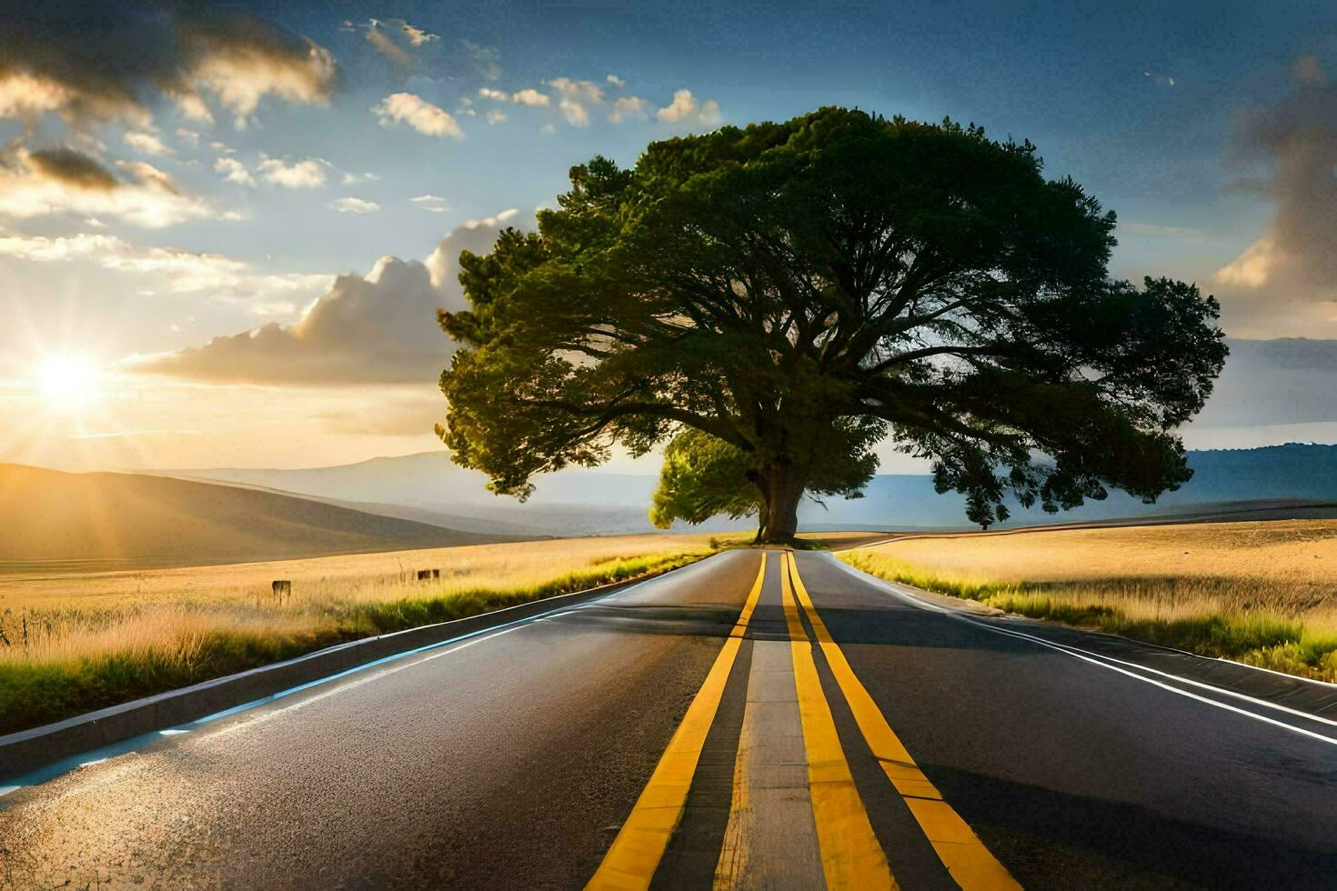 a tree on the side of the road in the middle of a field. AI-Generated photo