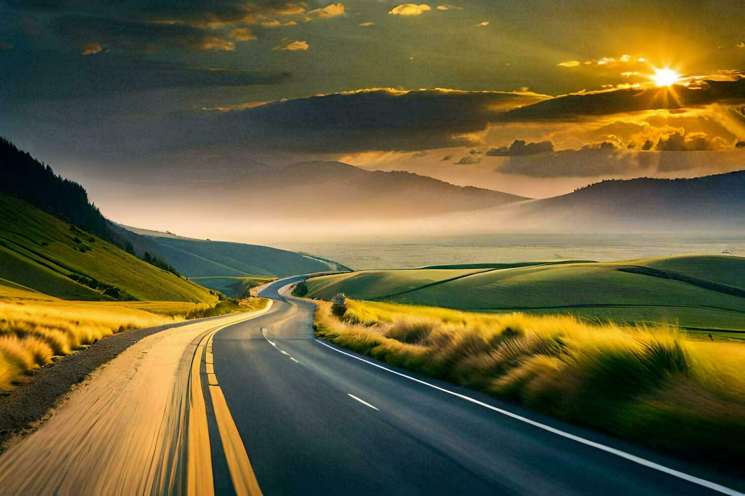 a road in the middle of a field with the sun setting. AI-Generated photo