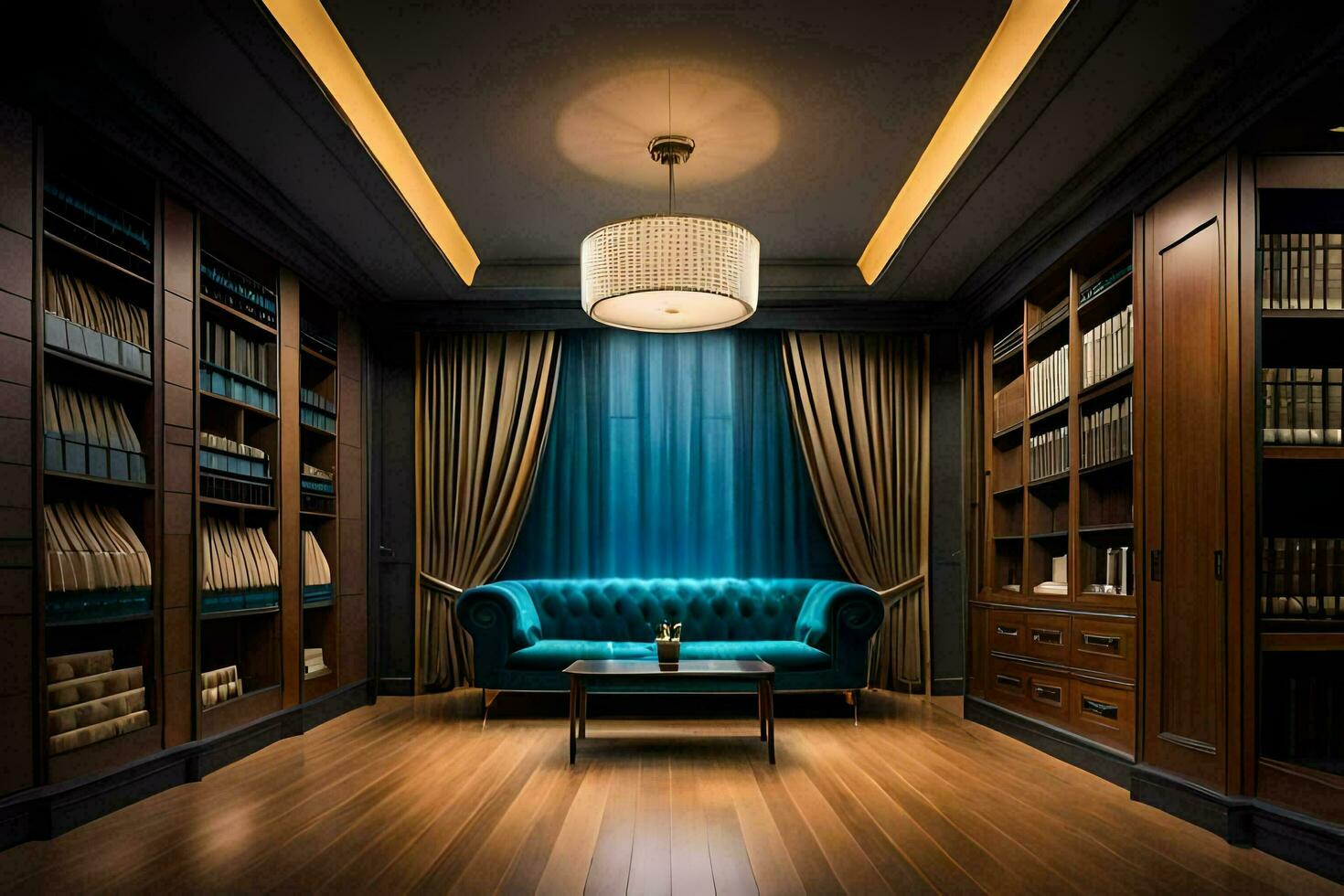 a library with a blue couch and bookshelves. AI-Generated photo