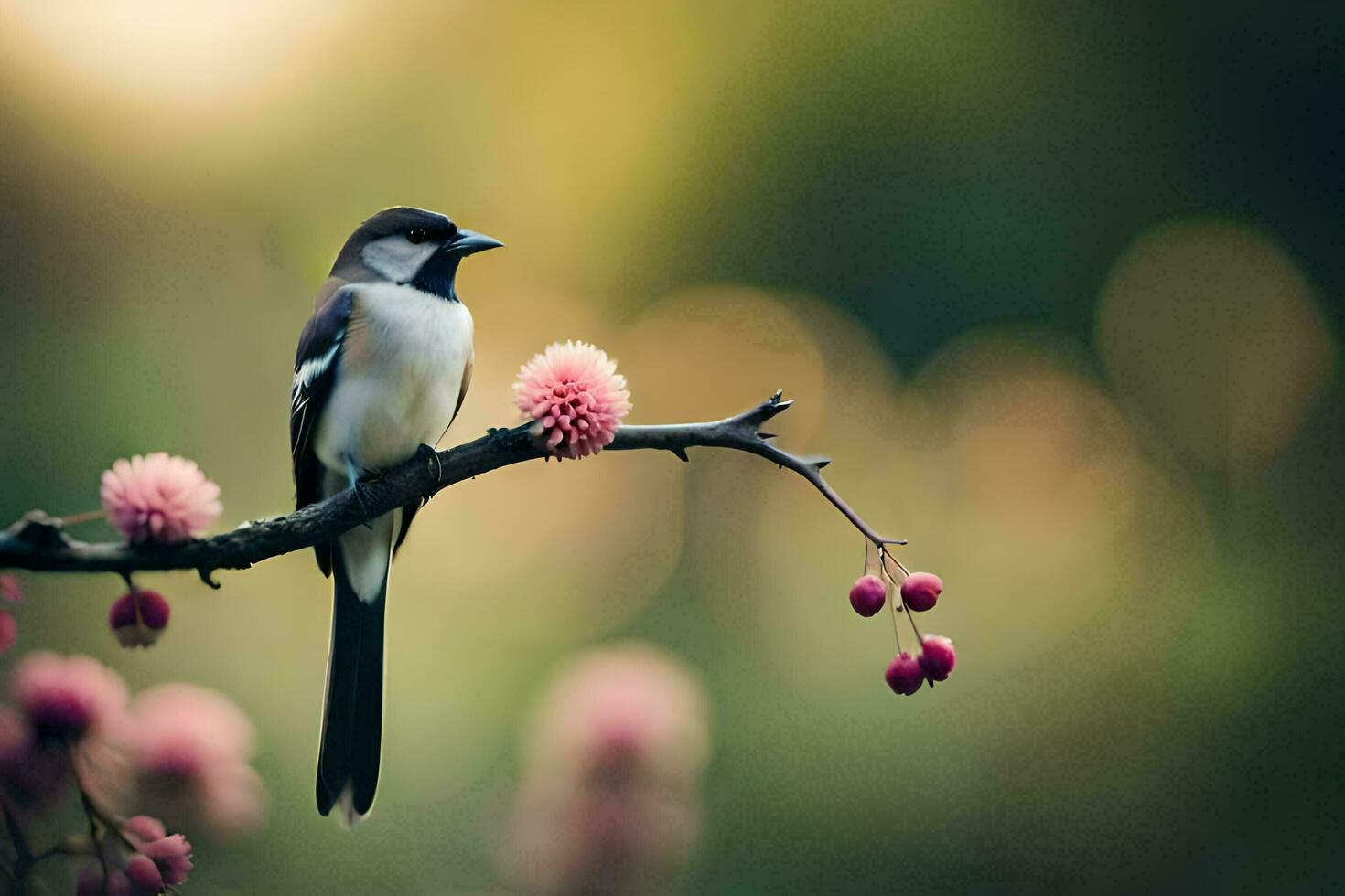 a bird sits on a branch with pink flowers. AI-Generated photo