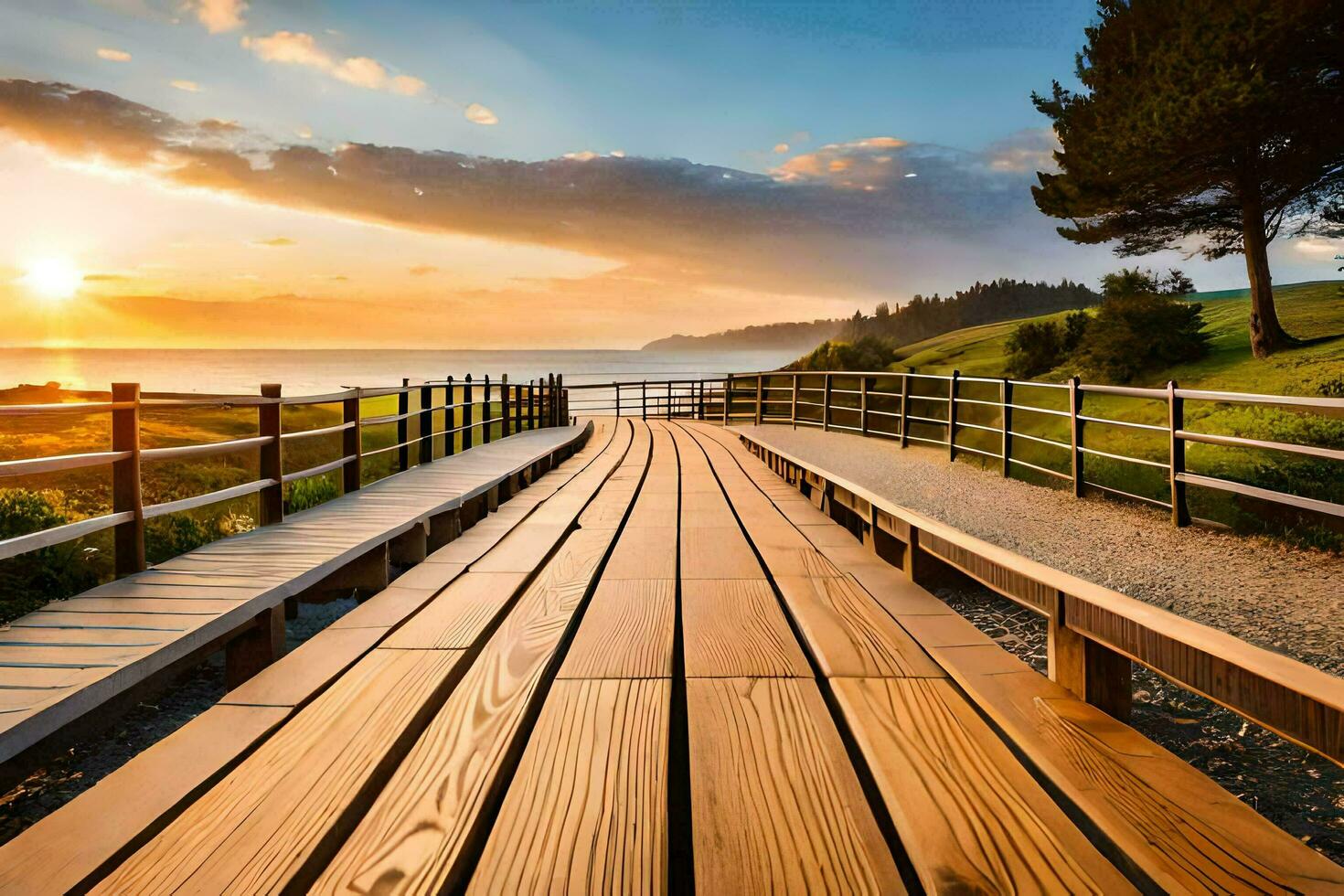 a wooden bridge leads to the ocean at sunset. AI-Generated photo