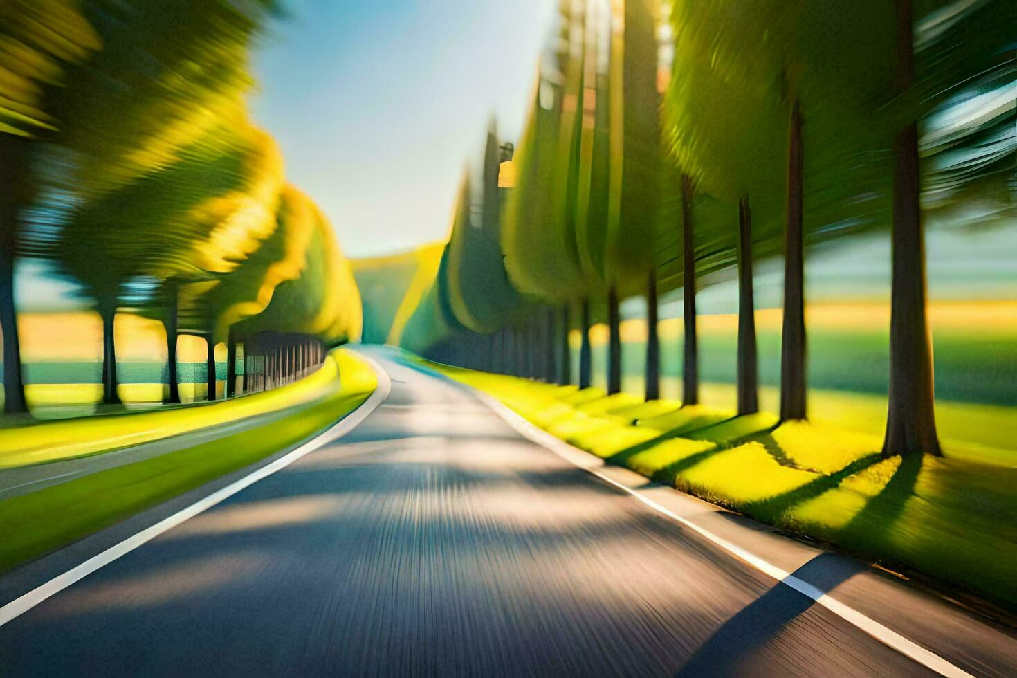 an image of a road with trees in motion. AI-Generated photo