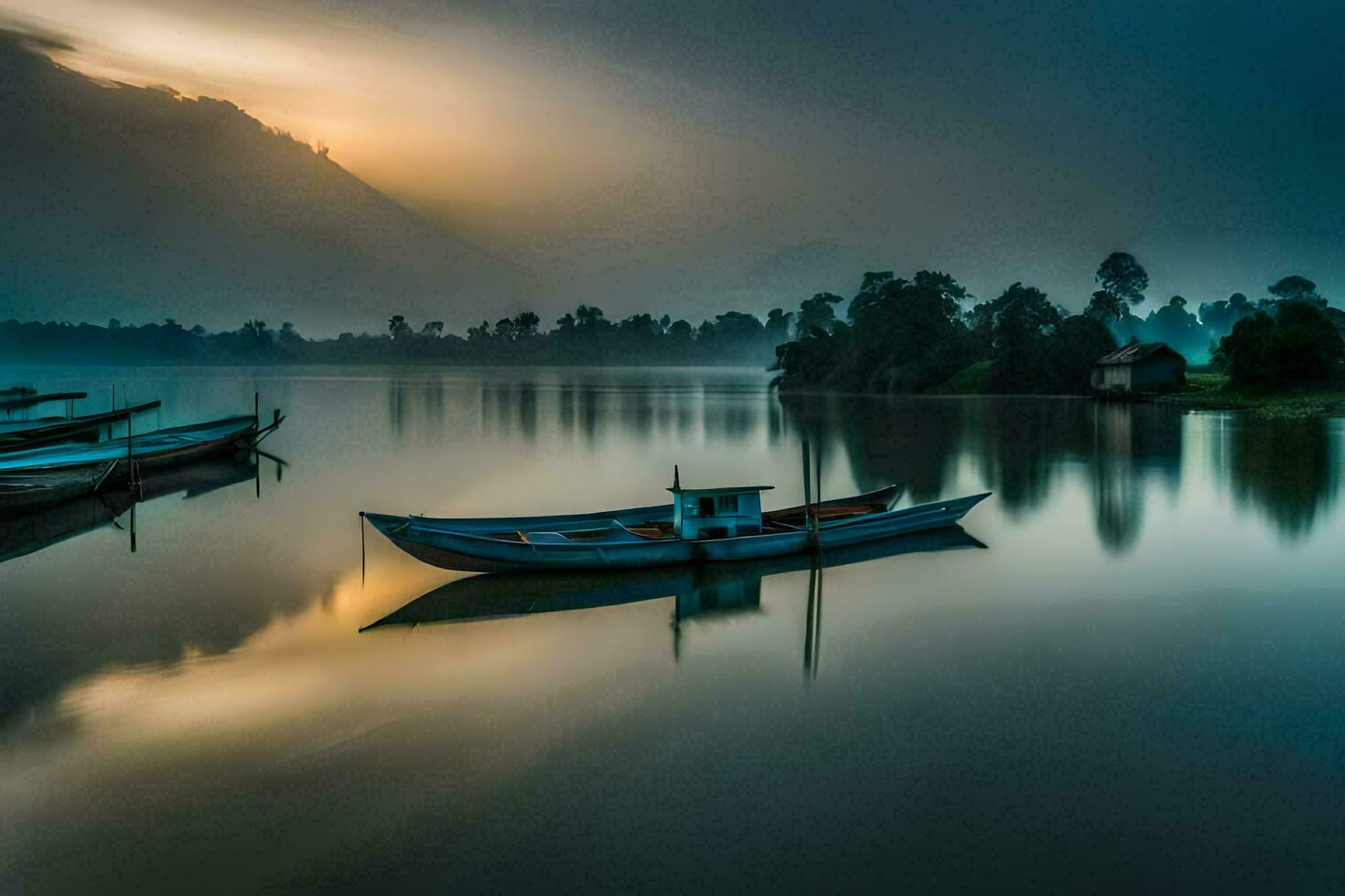 a boat sits on the water in front of a mountain. AI-Generated photo