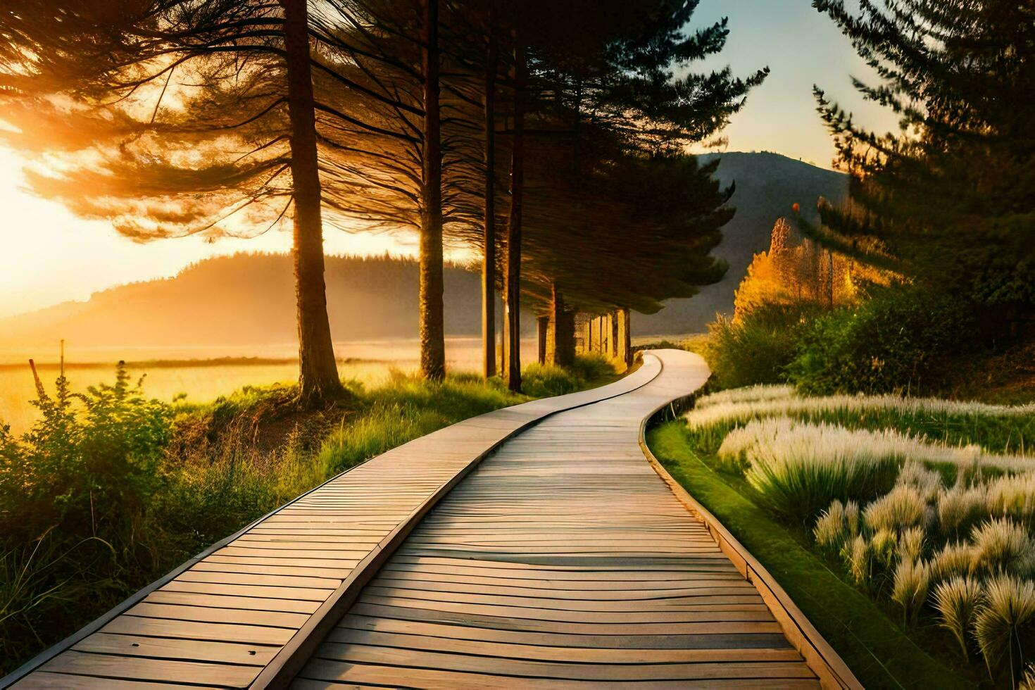 un de madera camino Guías a un campo con arboles y césped. generado por ai foto