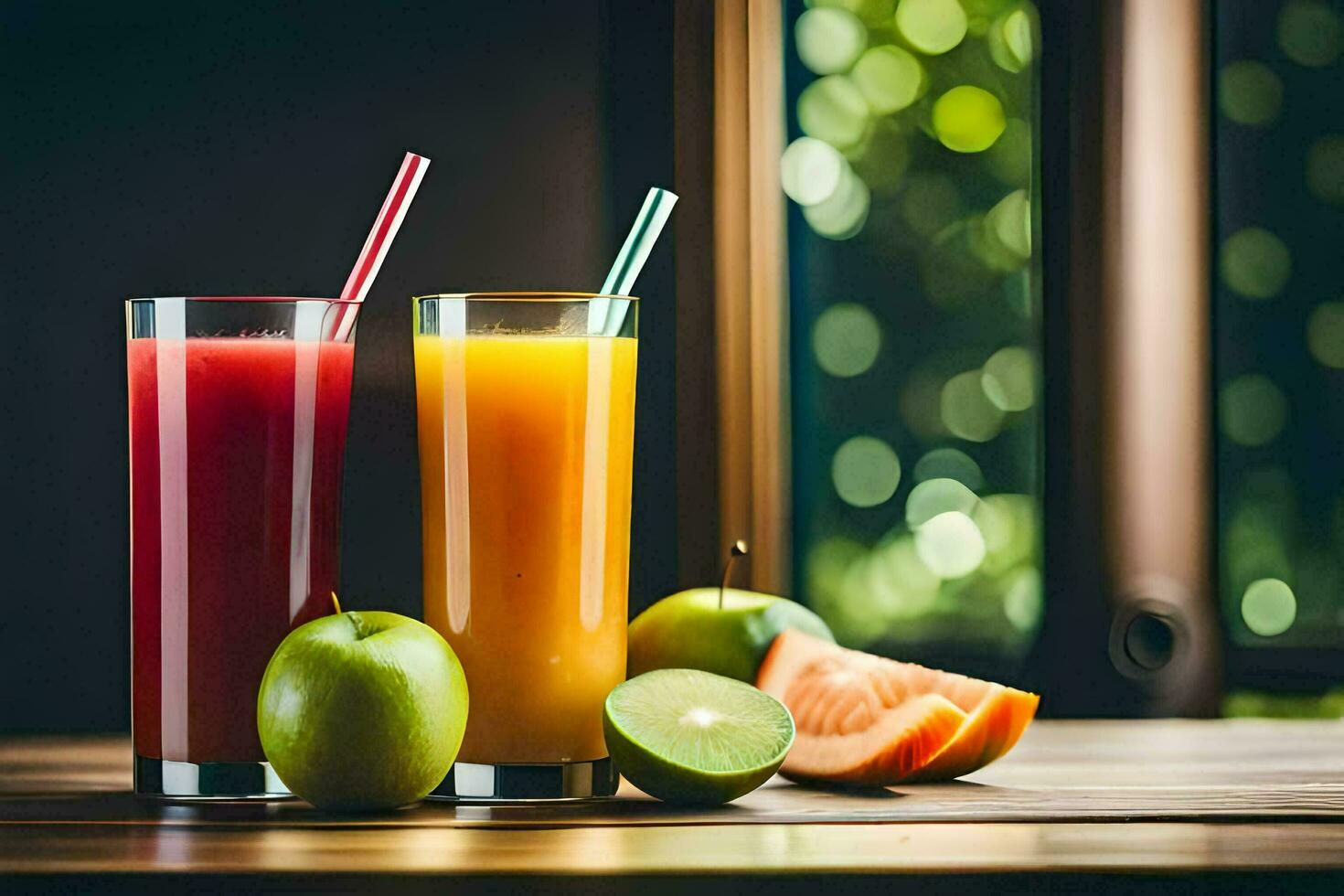 two glasses of juice with apples and oranges. AI-Generated photo