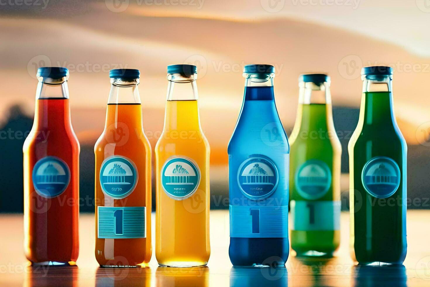 six different colored bottles of soda on a table. AI-Generated photo