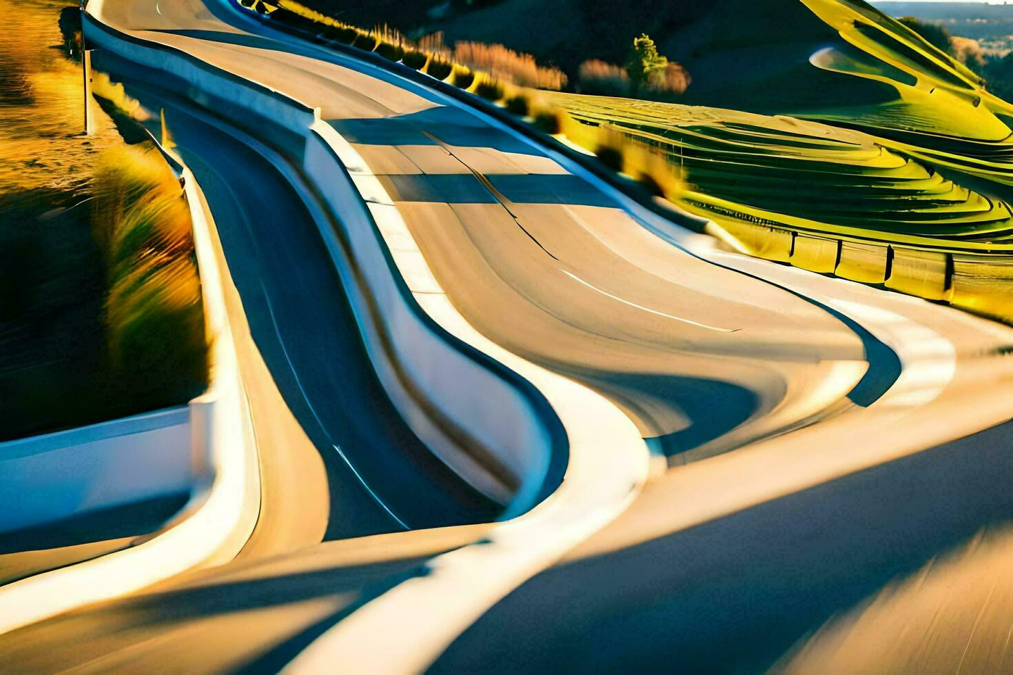 a car driving on a winding road in the countryside. AI-Generated photo