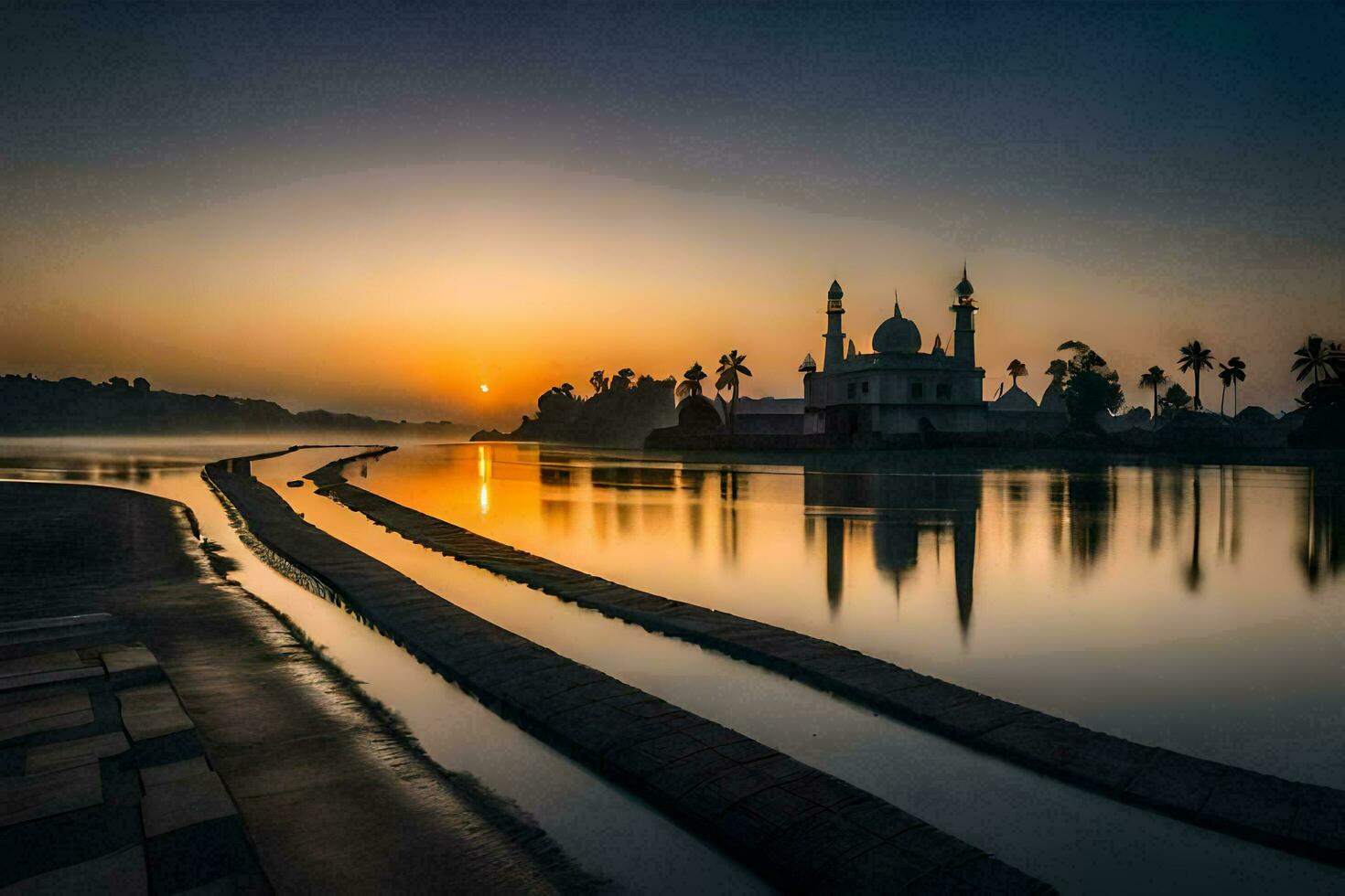 the sun rises over a mosque in the middle of a lake. AI-Generated photo