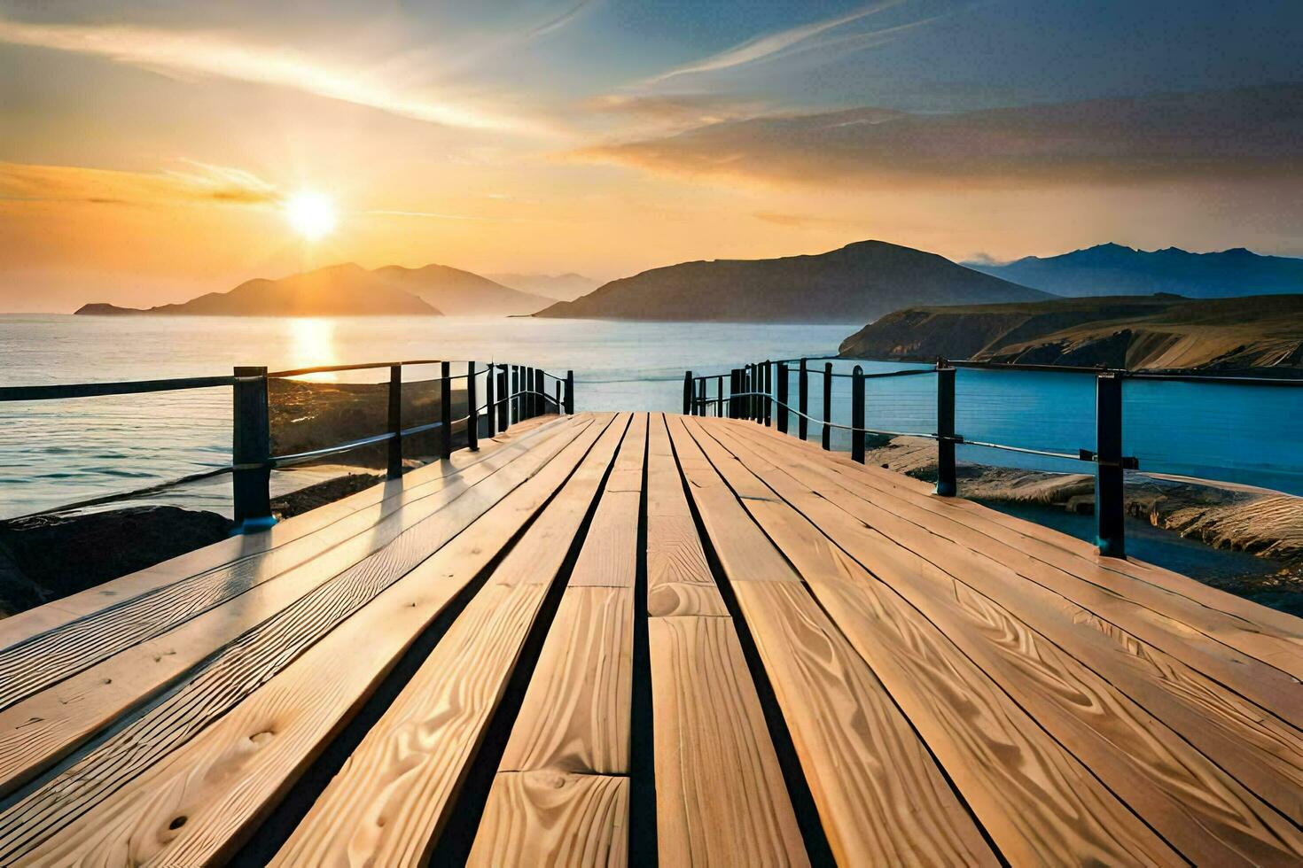 a wooden bridge over the ocean at sunset. AI-Generated photo