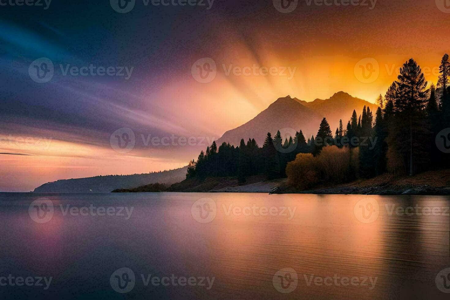 the sun is setting over a lake and mountains. AI-Generated photo