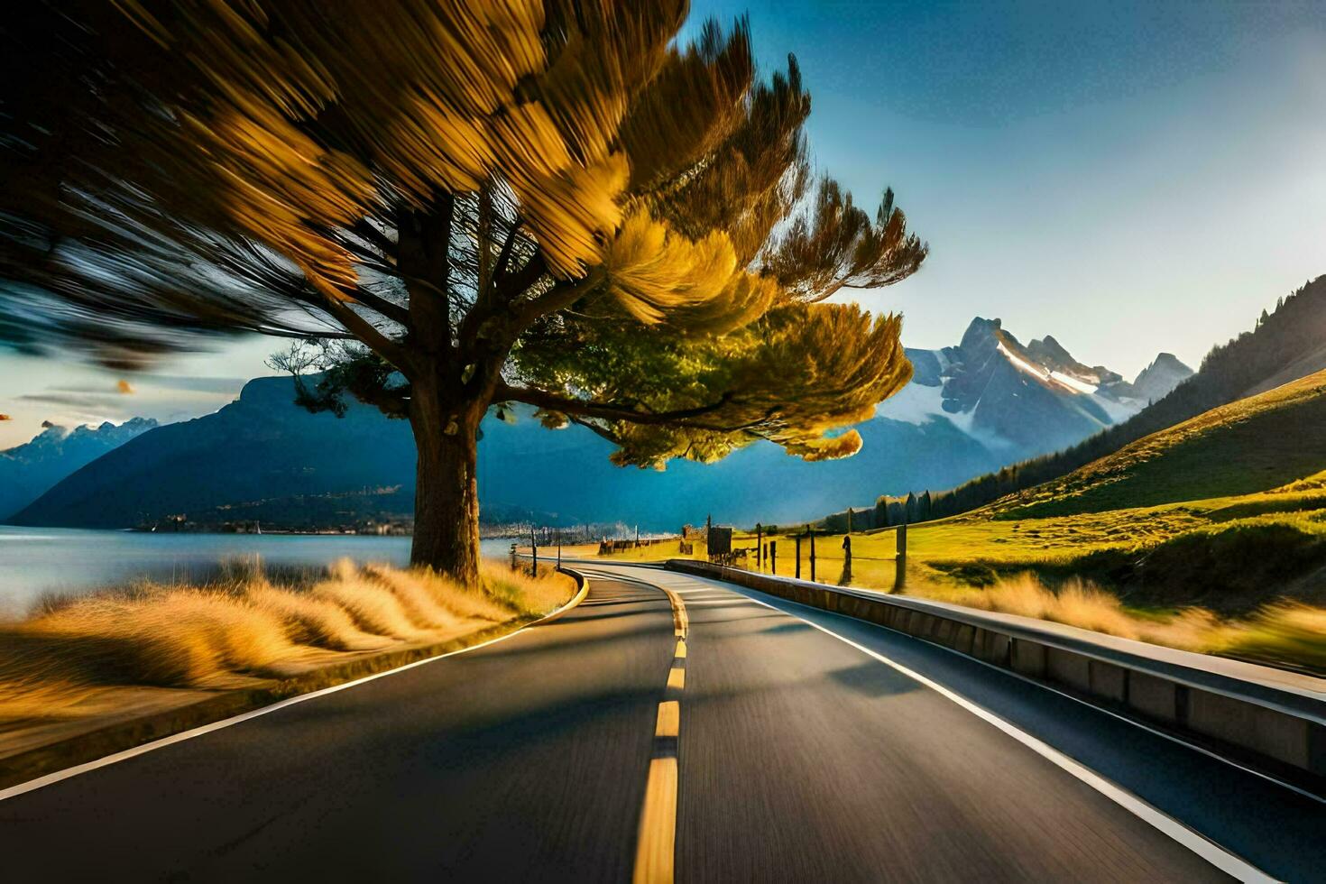 a road in the mountains with a tree in the foreground. AI-Generated photo