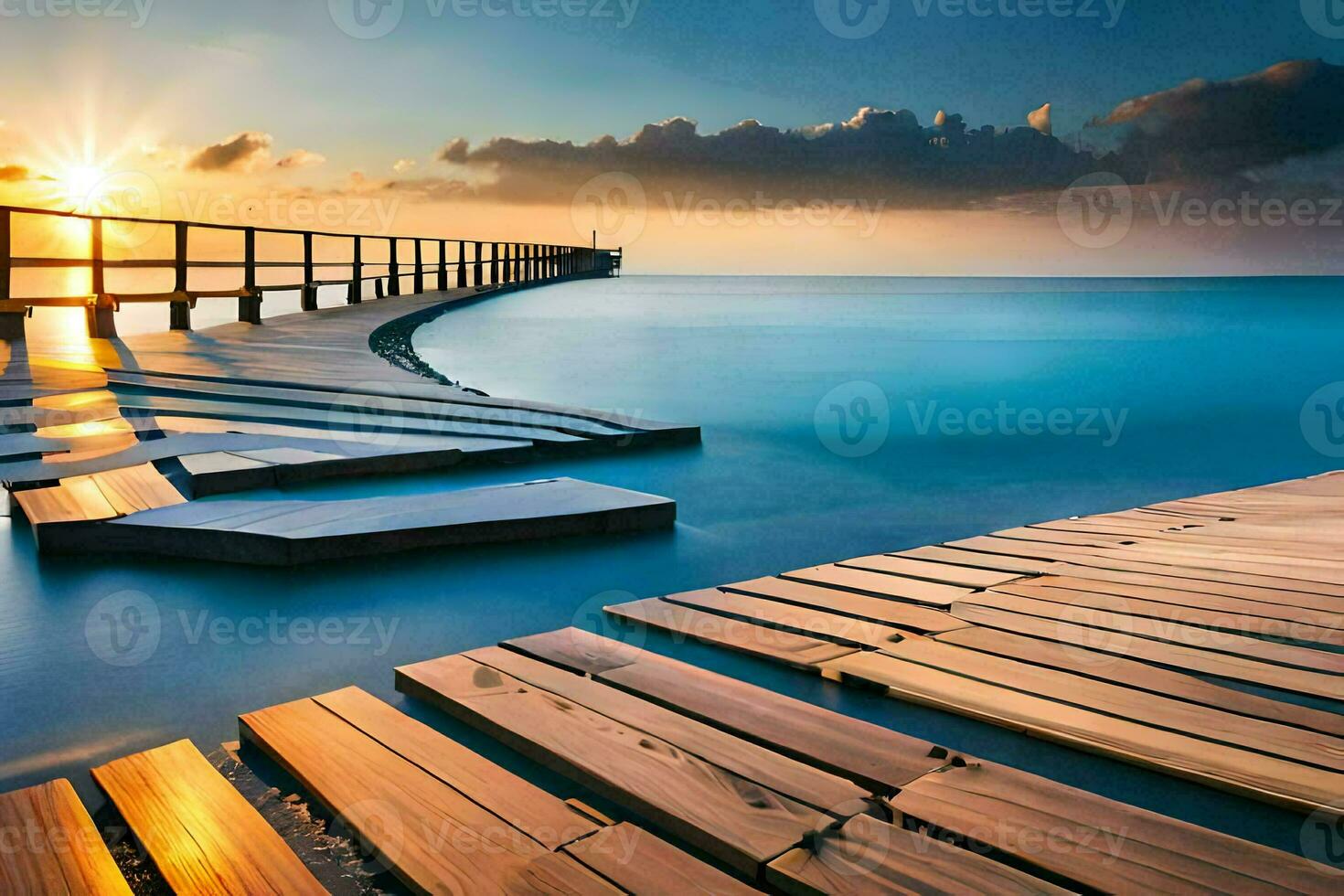 a wooden pier with the sun setting over the water. AI-Generated photo