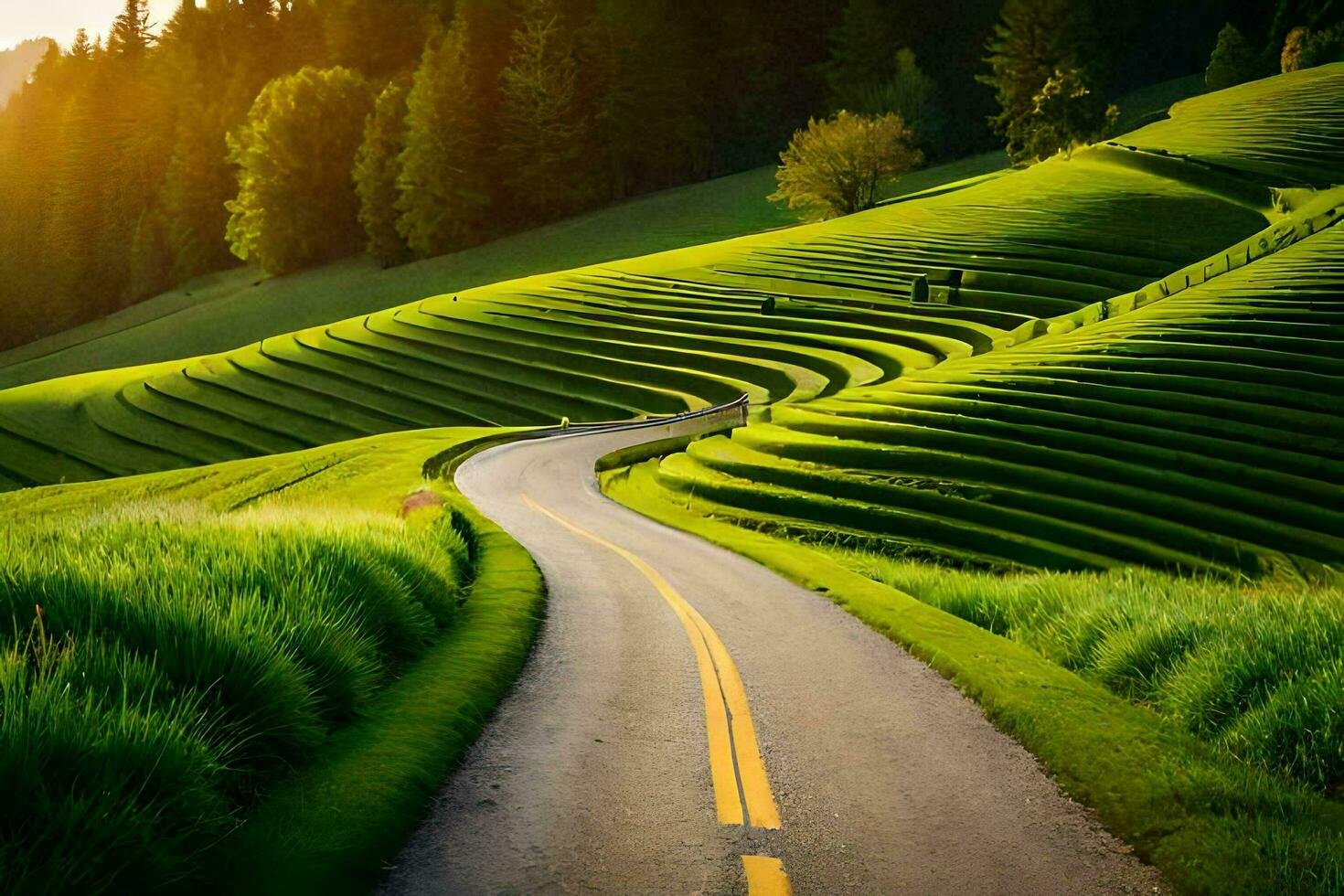 a winding road in the middle of a green field. AI-Generated photo