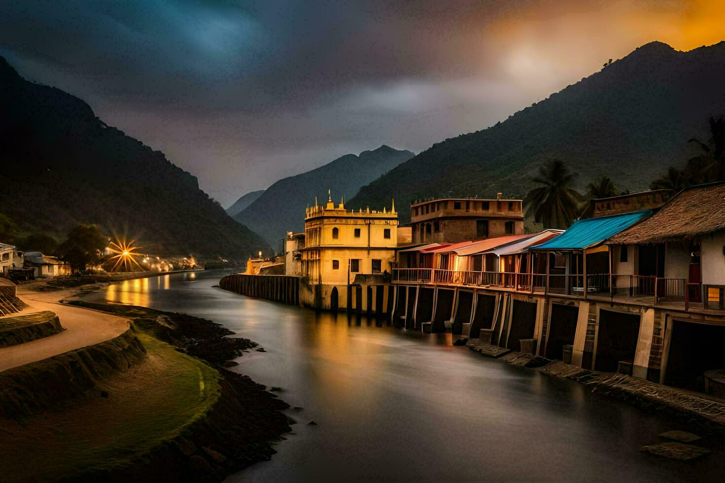 un río en el montañas a noche. generado por ai foto