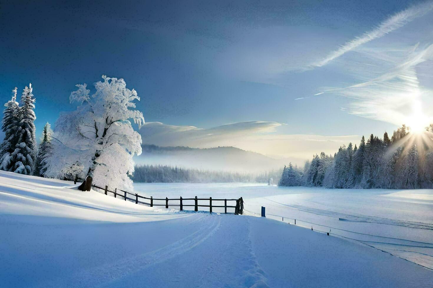 a snowy landscape with a fence and trees. AI-Generated photo