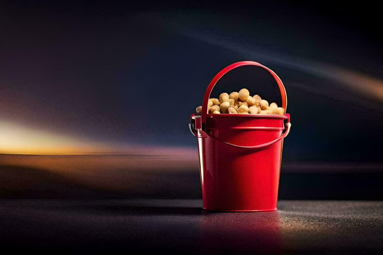a red bucket filled with peanuts sitting on a table. AI-Generated photo