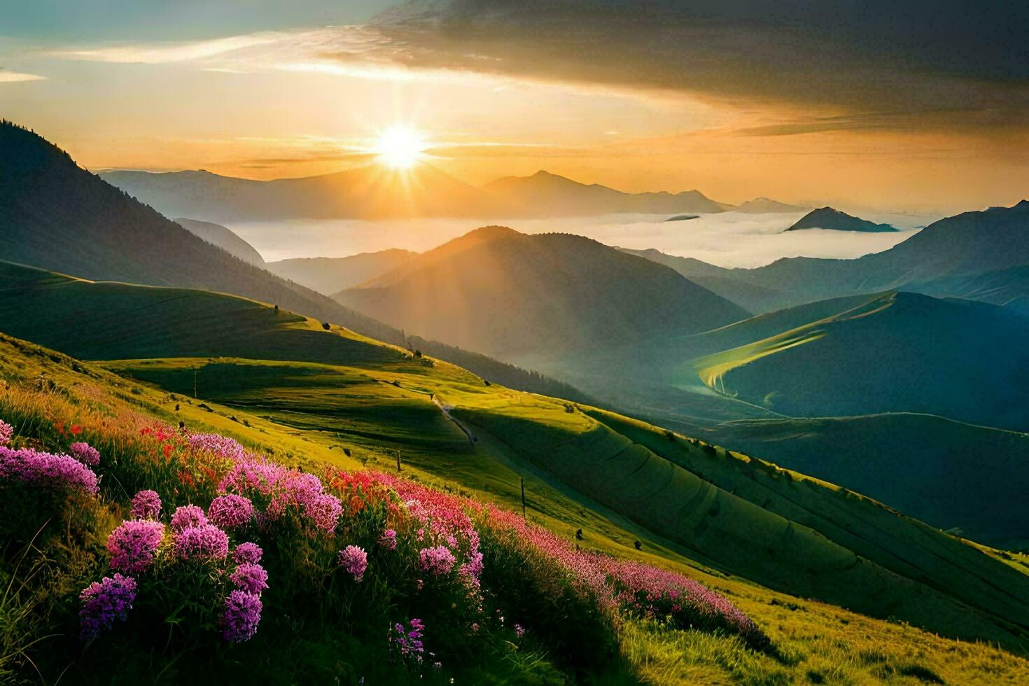 the sun rises over the mountains in this beautiful landscape. AI-Generated photo