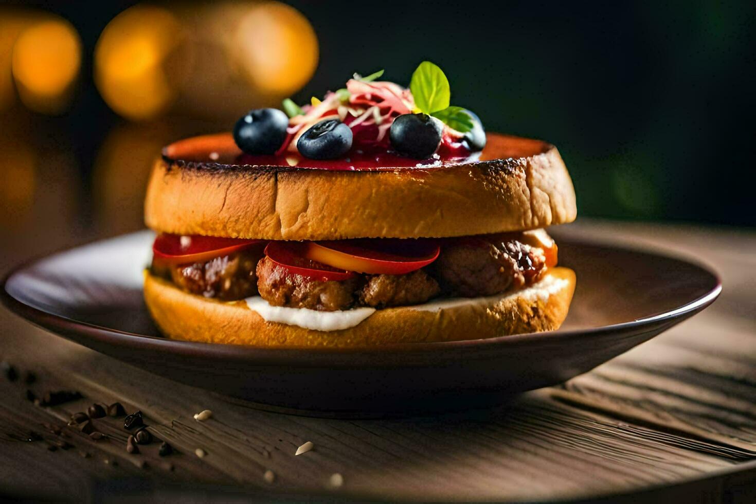 un hamburguesa con arándanos y crema en cima. generado por ai foto