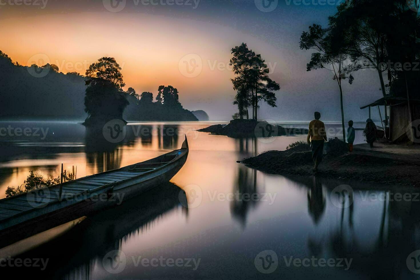 a man stands on the shore of a lake at sunrise. AI-Generated photo