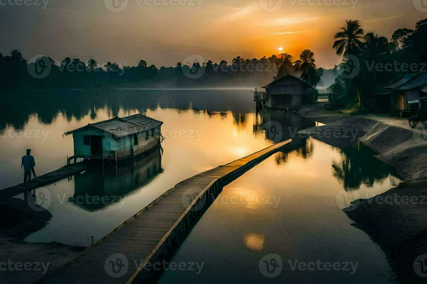 a man stands on a dock at sunset with a boat in the water. AI-Generated photo