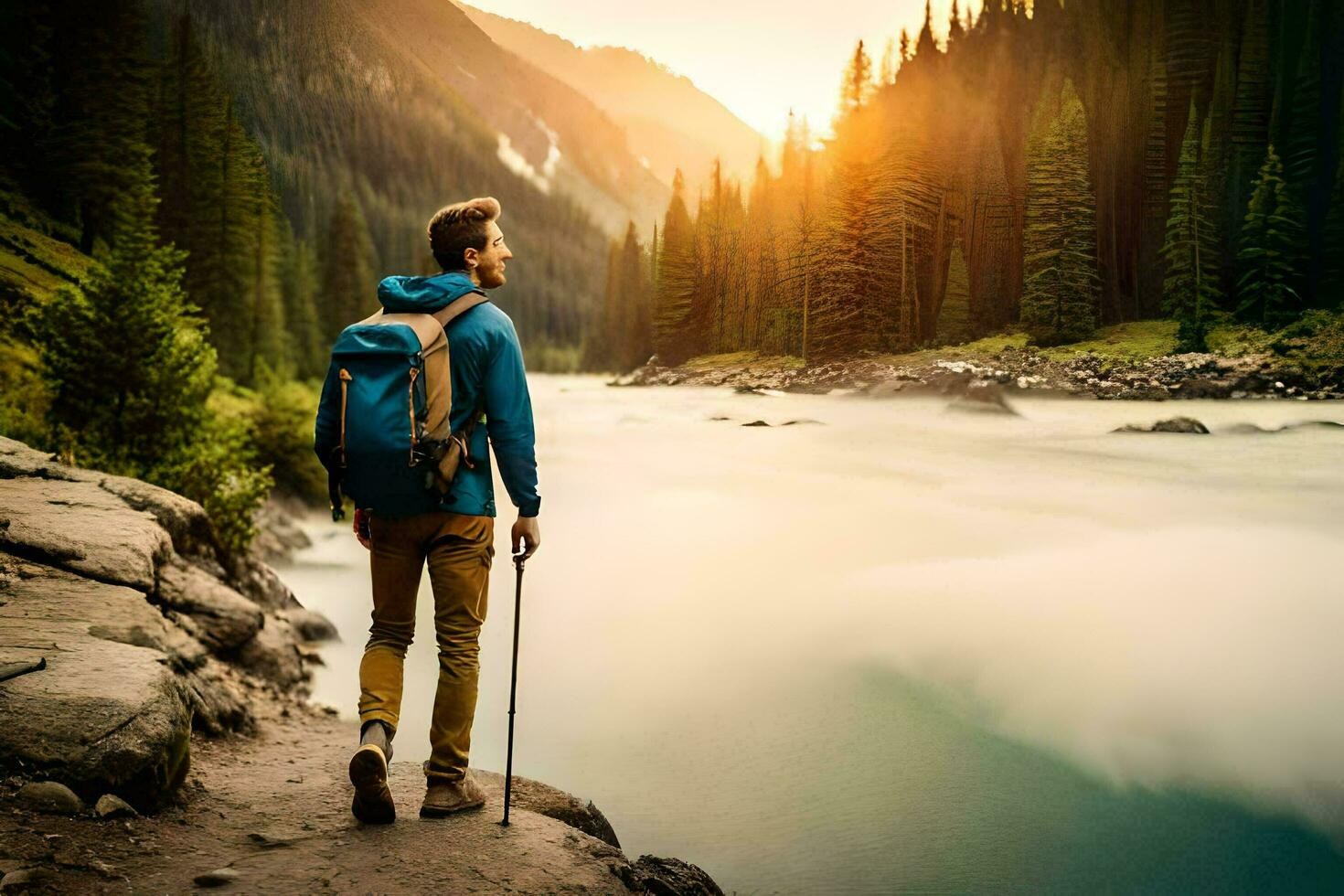 a man with a backpack standing on a trail overlooking a river. AI-Generated photo