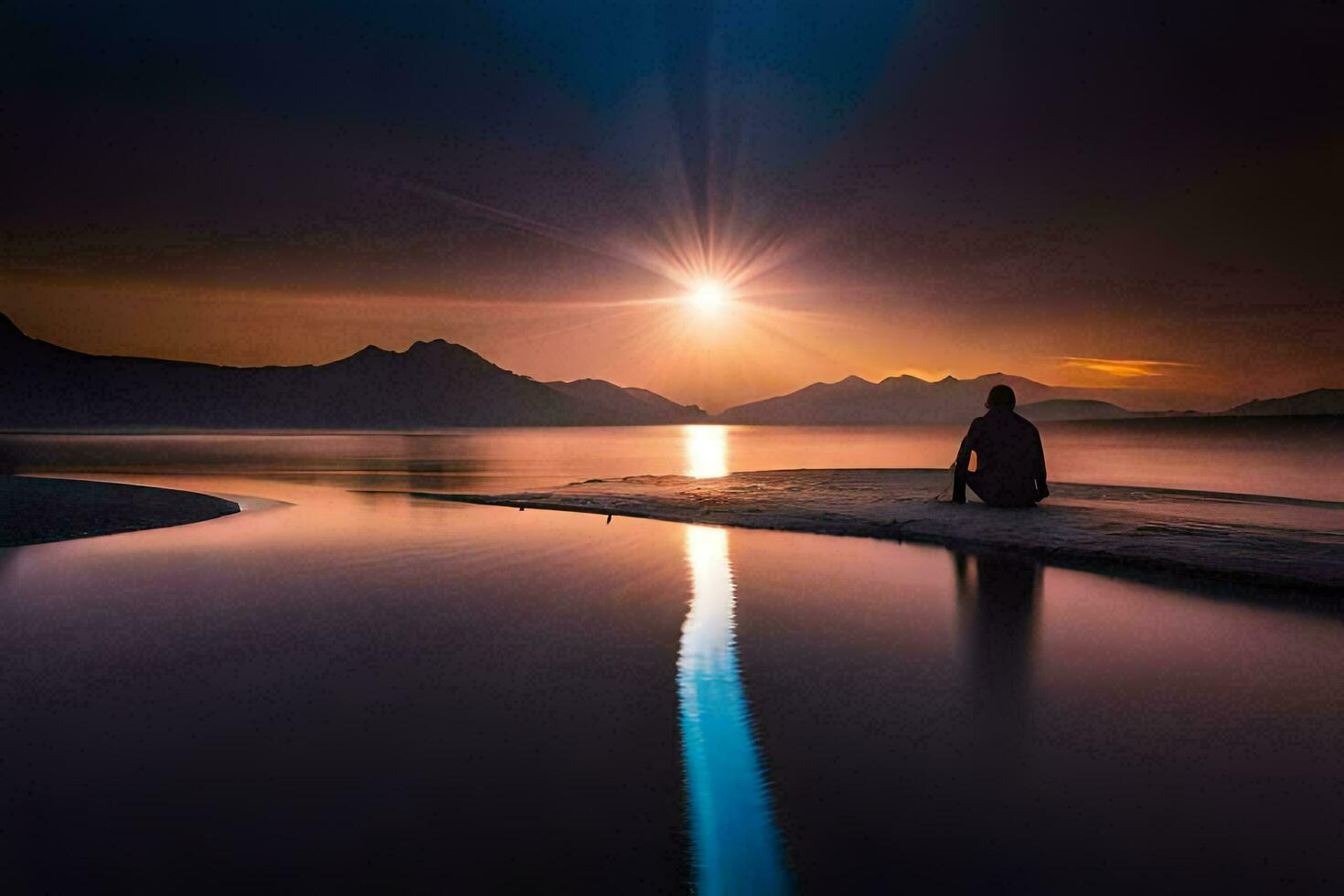a man sitting on a rock in the middle of a lake at sunset. AI-Generated photo