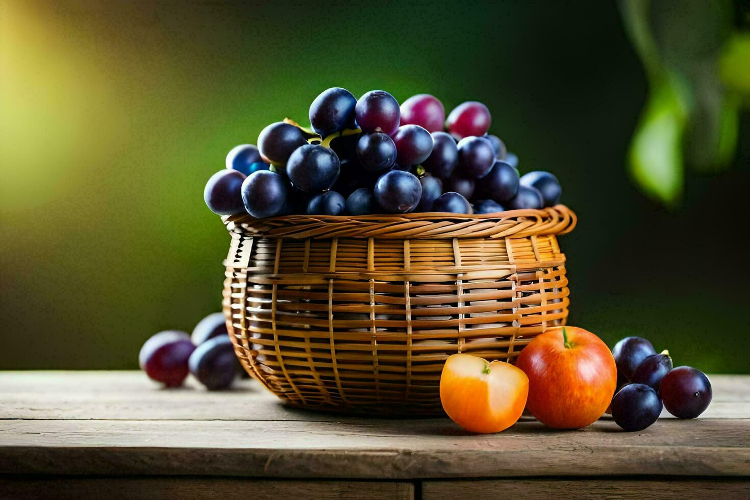 grapes in a basket on a wooden table. AI-Generated photo