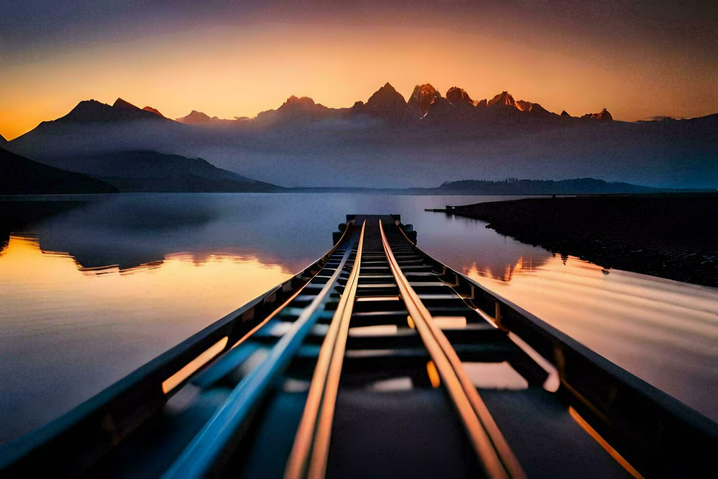 a train track leading to a lake at sunset. AI-Generated photo