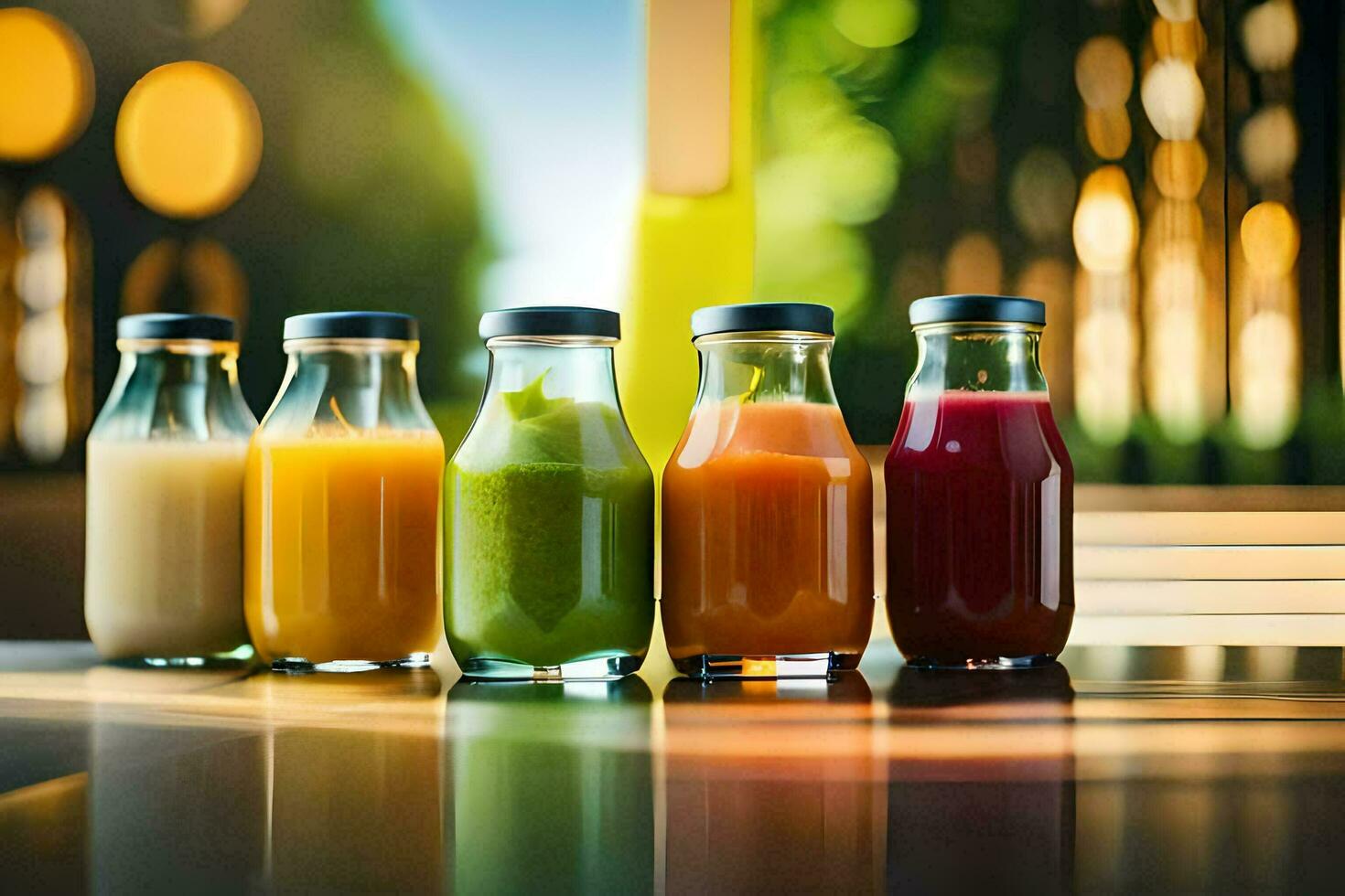 five different types of juices in glass bottles. AIGenerated 33419989