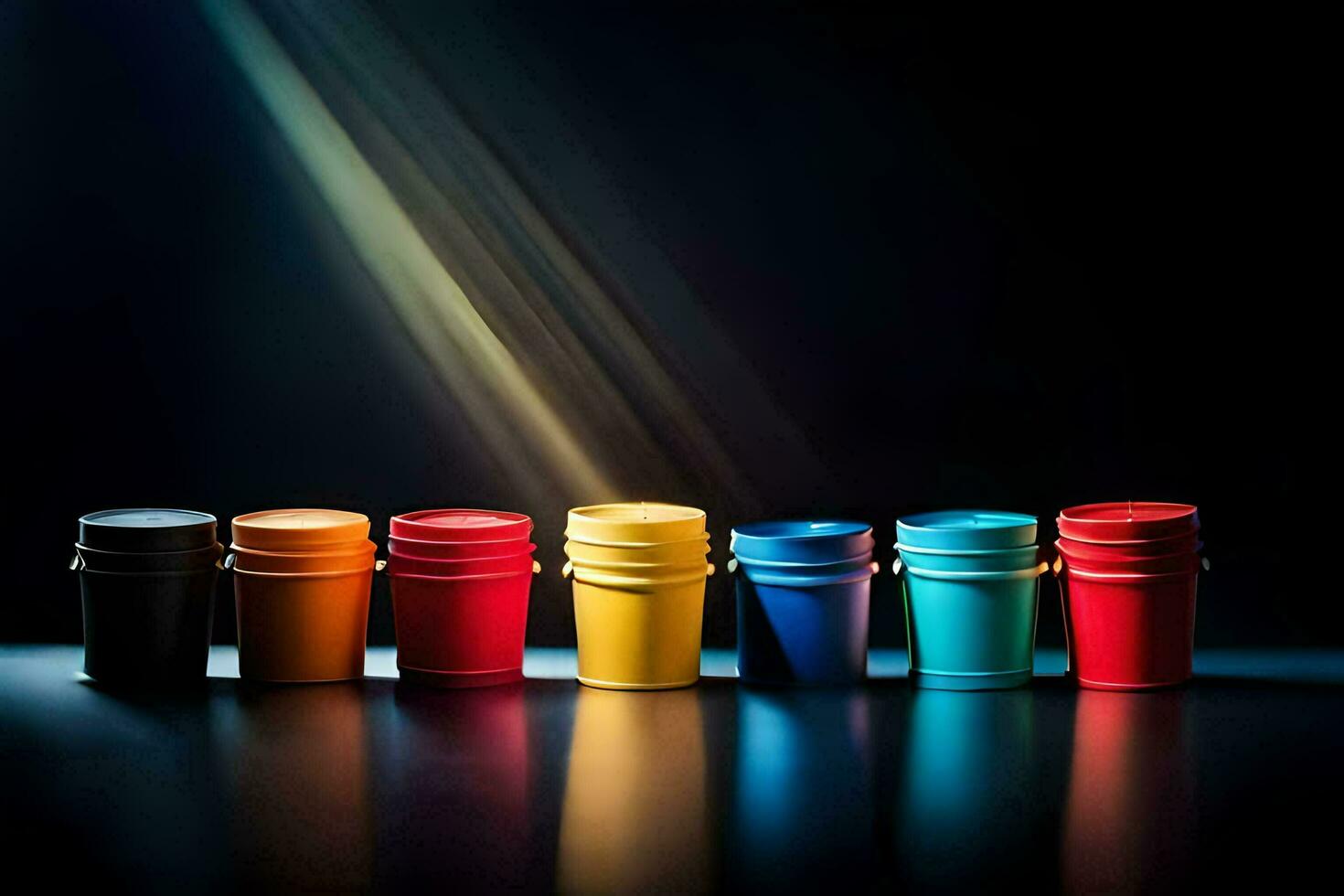 a row of colorful plastic buckets on a dark surface. AI-Generated photo
